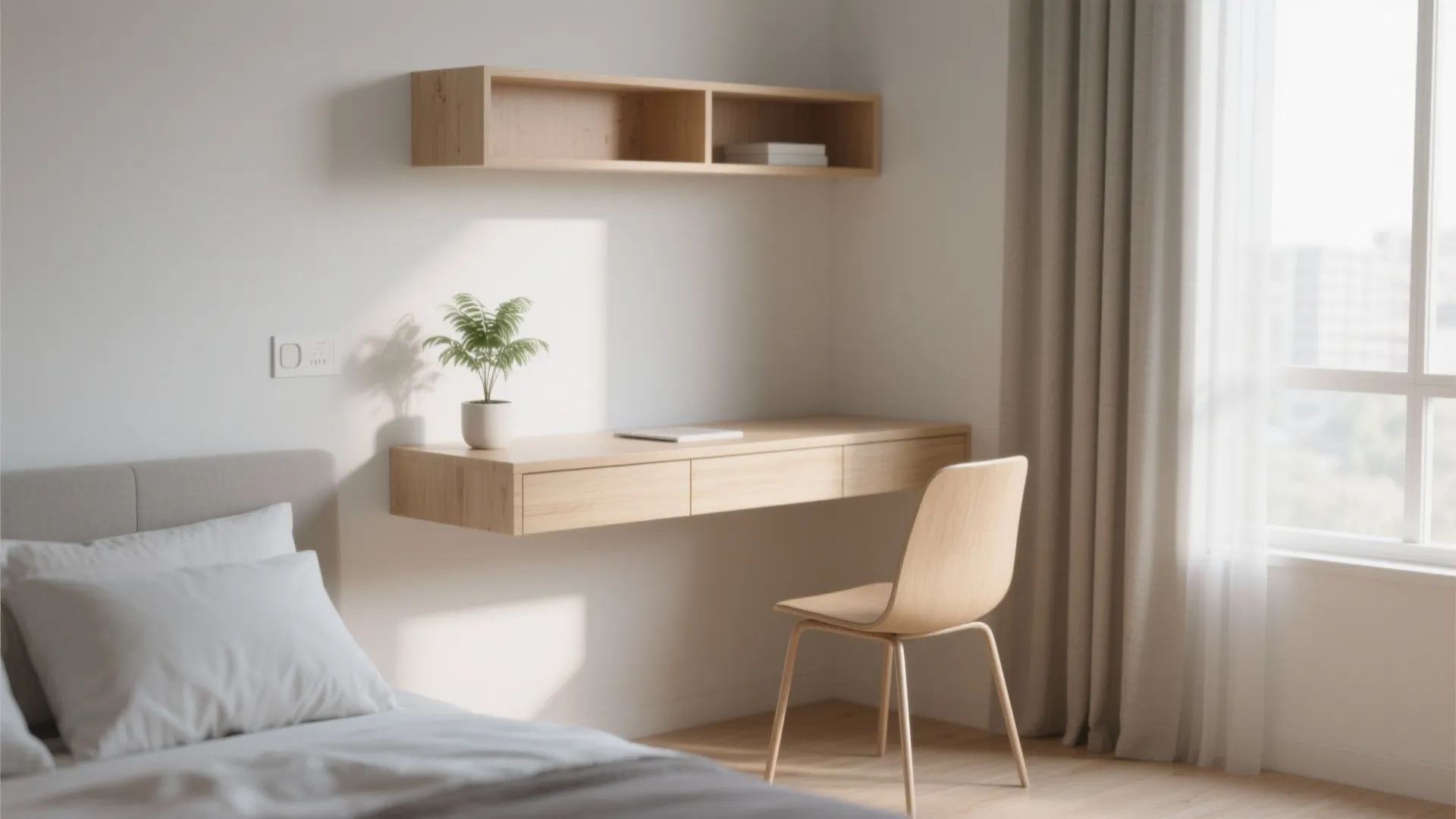 Modern bedroom workspace with a wooden floating desk and matching chair next to white window curtains
