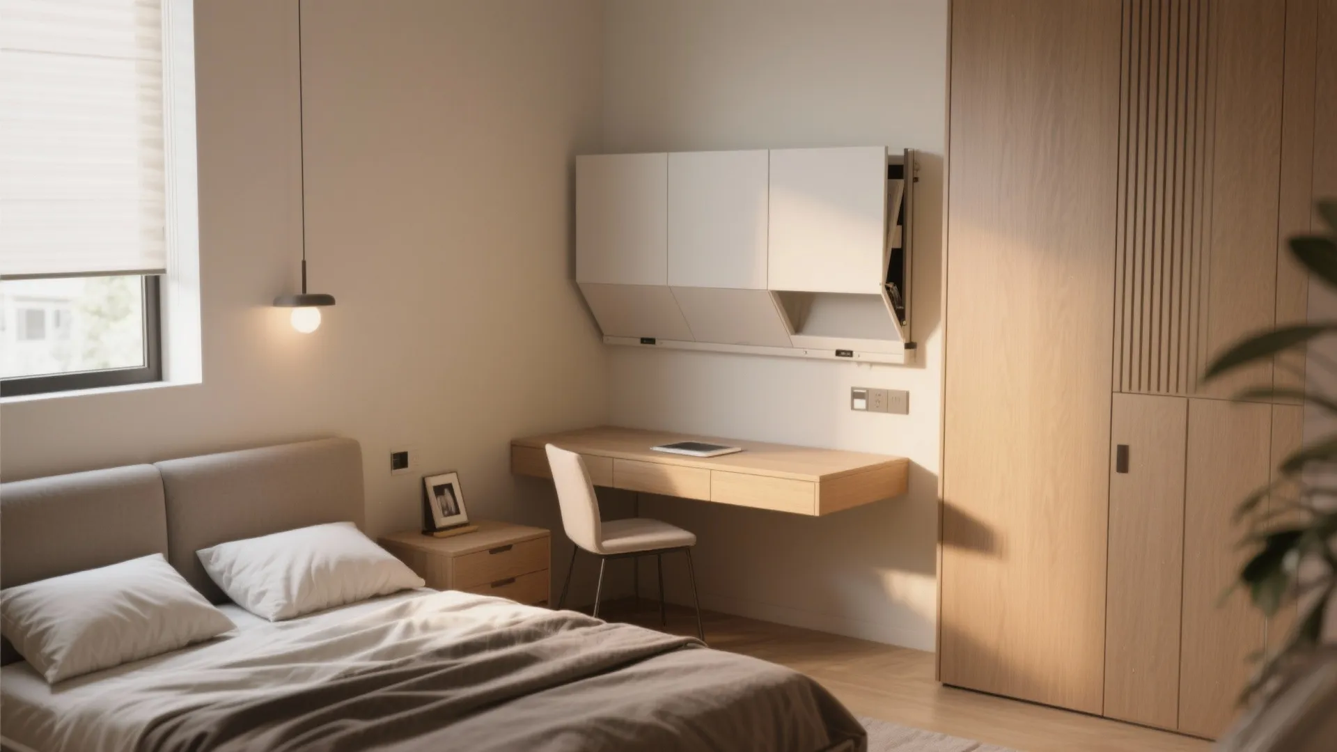 Fold-down floating desk in a small bedroom