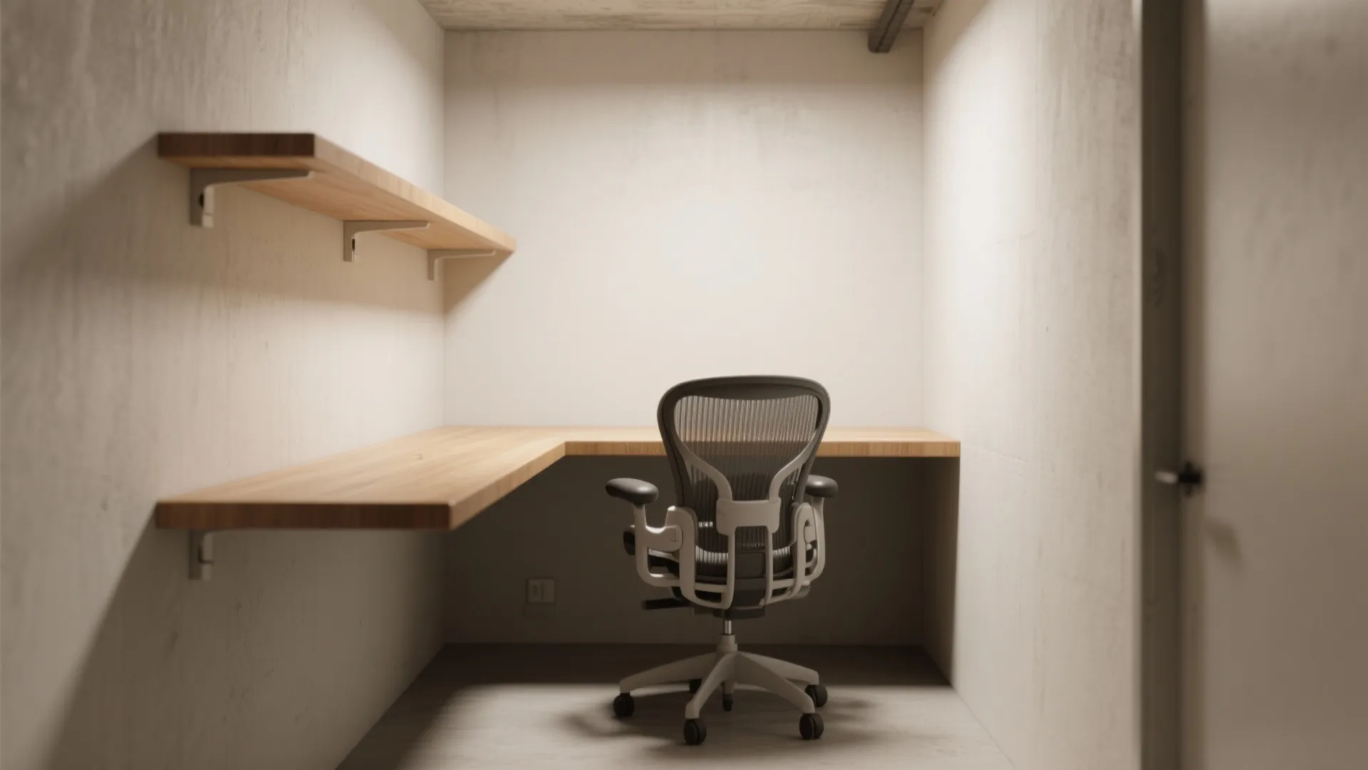 Small home office nook featuring a wooden floating corner desk ergonomic chair and wall mounted shelves
