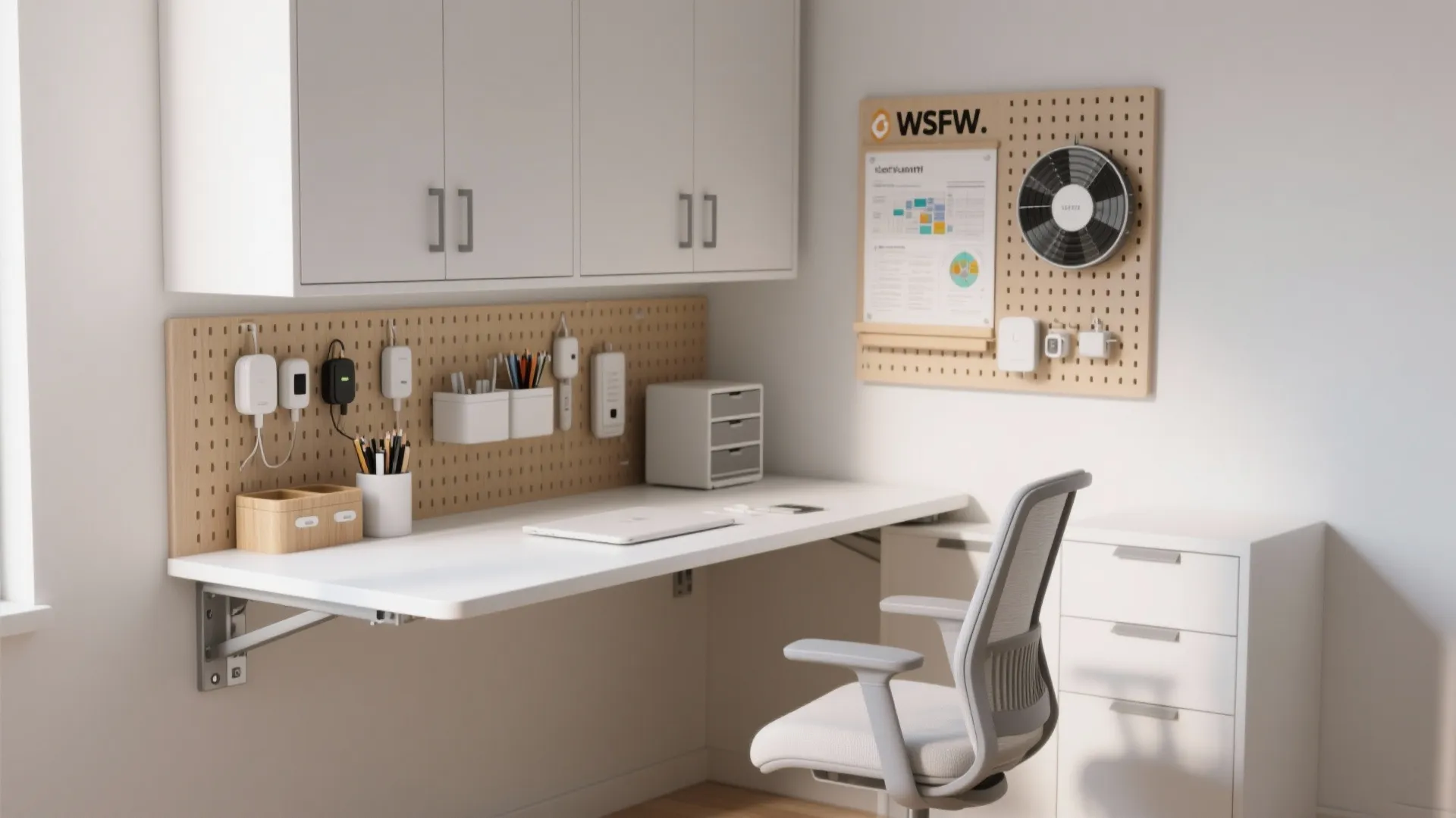 2. Floating desks and wall-mounted storage