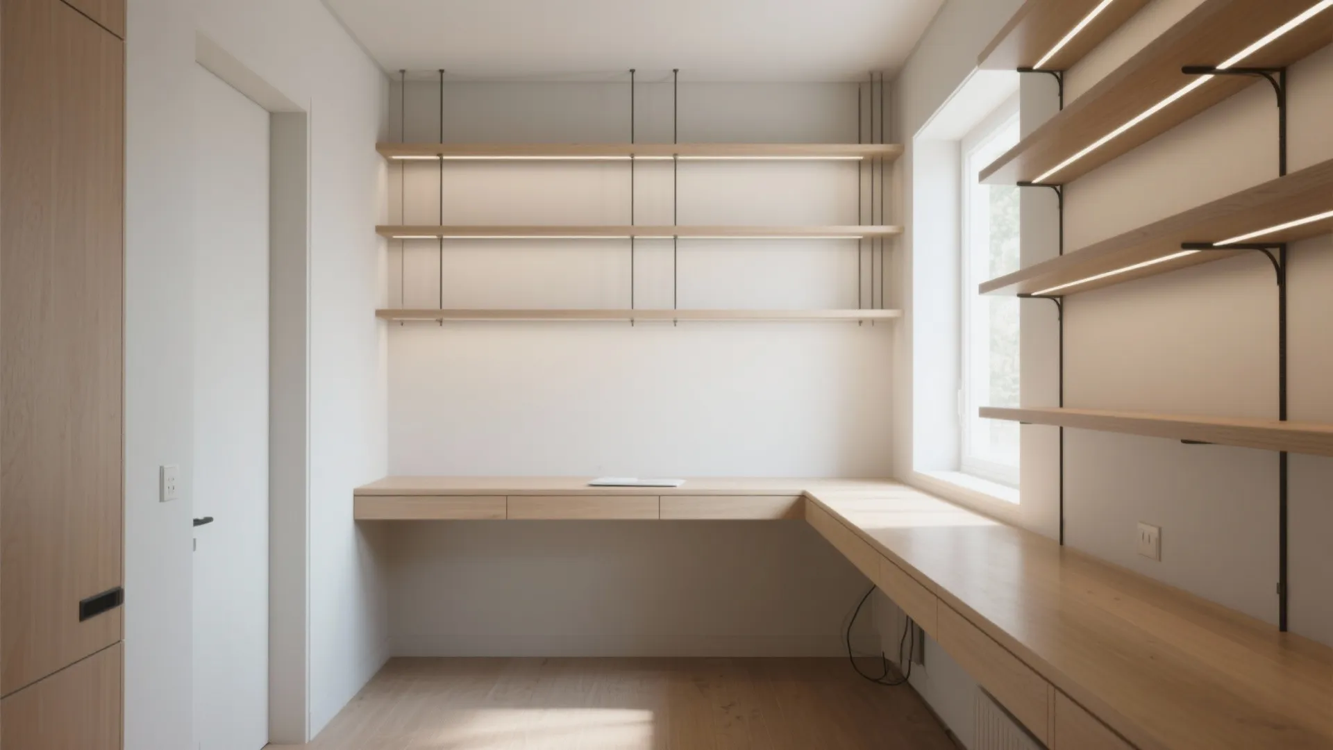 2. Floating desk with vertical storage and task lighting