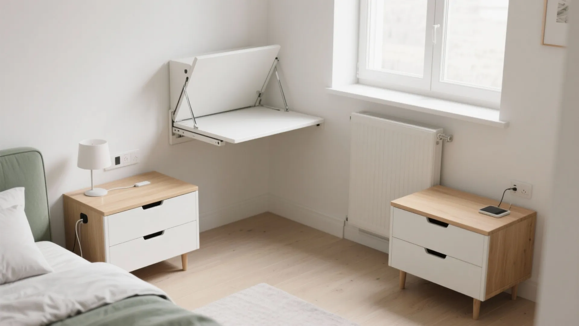 Floating nightstands and a wall-mounted folding desk