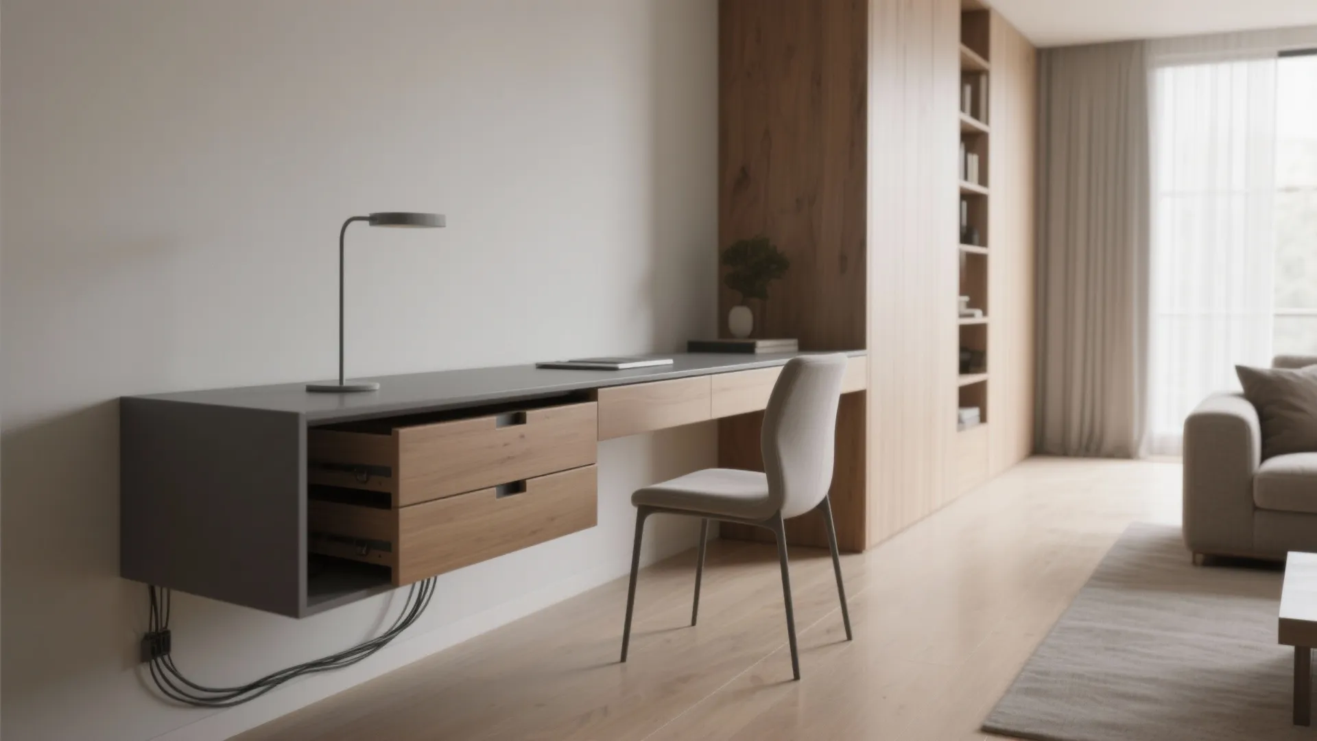 Floating desk along a narrow wall