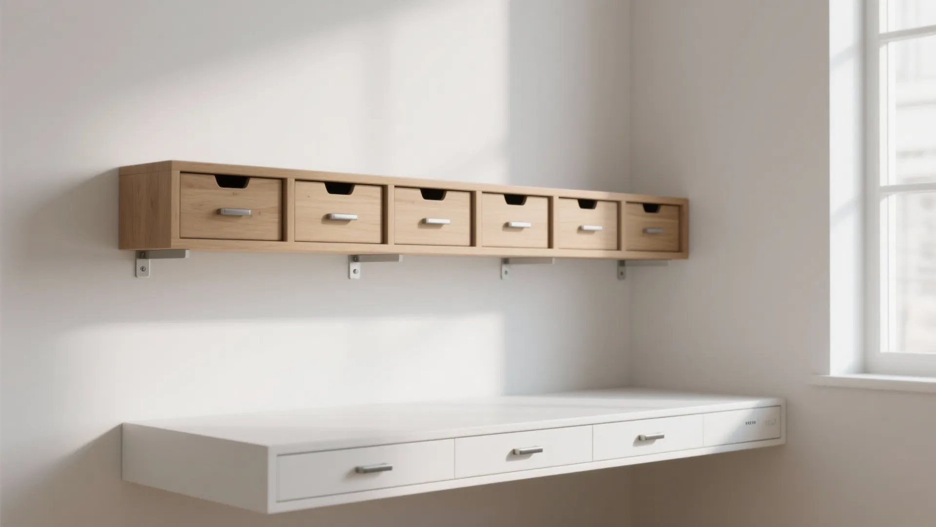 Floating shelf combo: desk plus floating drawers
