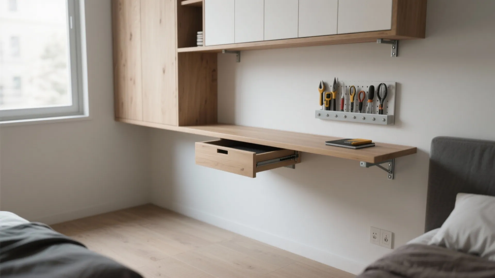 1) Slim floating desk with hidden storage