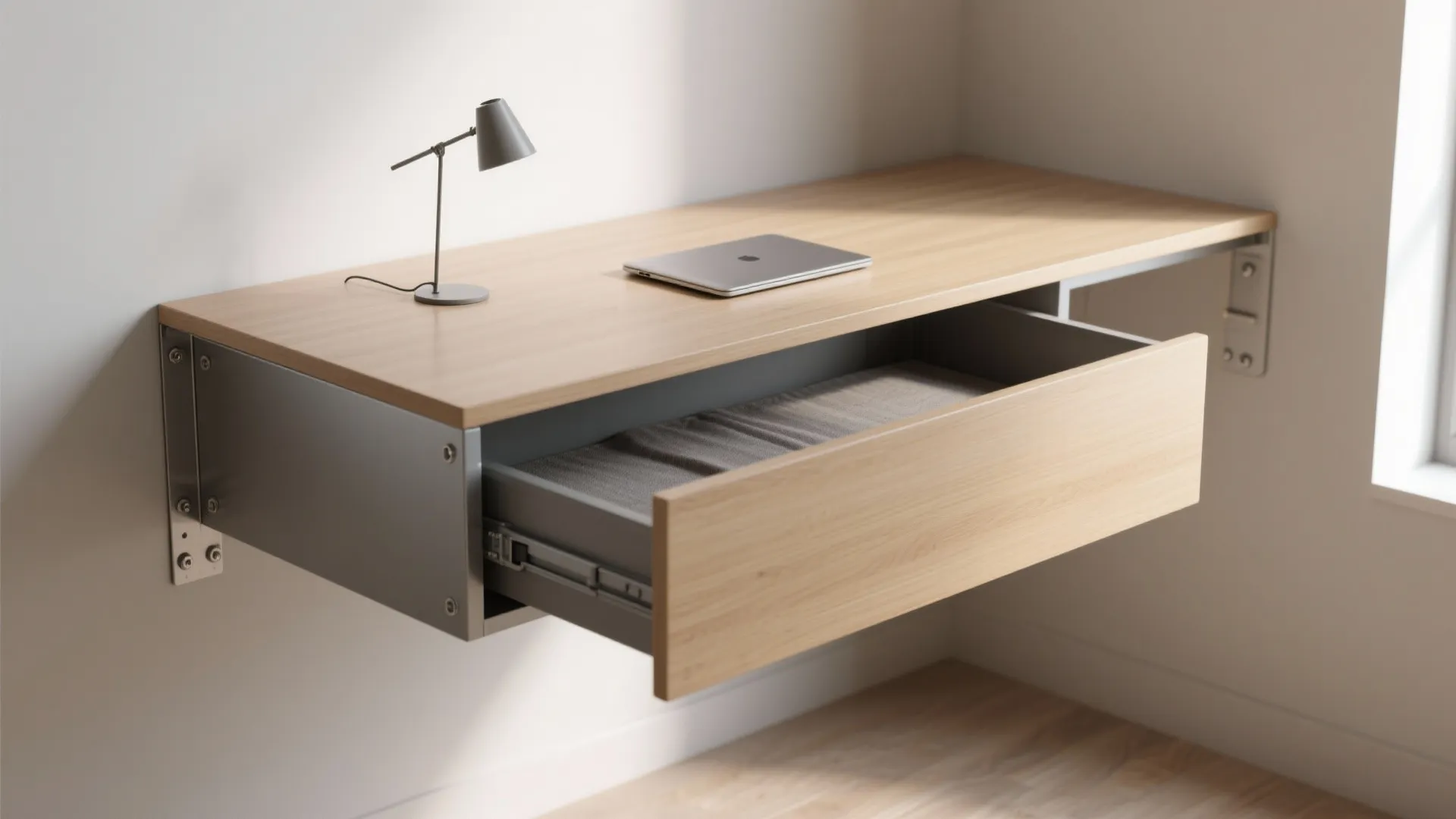 Floating wooden desk with open drawer, small grey lamp, laptop, and metal wall mounting brackets