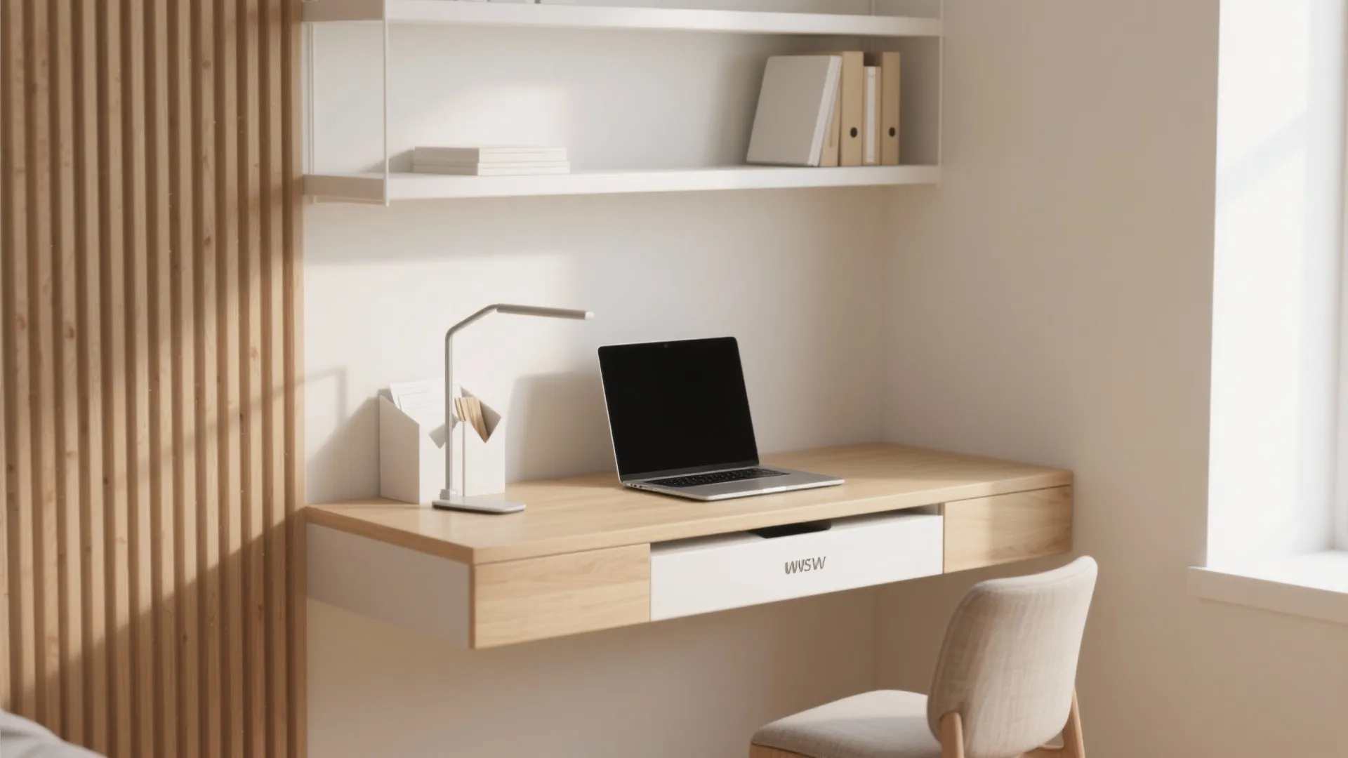 Floating desk with vertical shelving and slim drawer in a small corner.