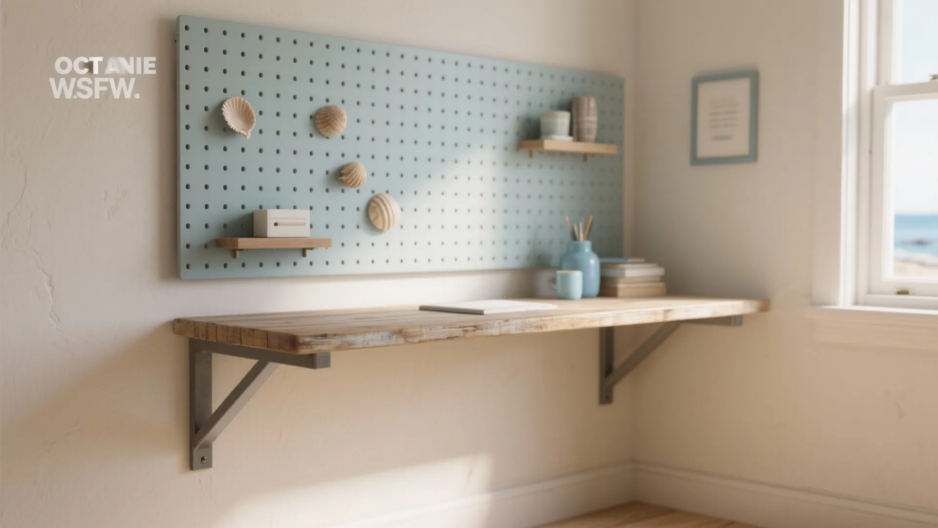 Minimalist floating wooden desk with metal brackets and light blue pegboard featuring decorative sea shells