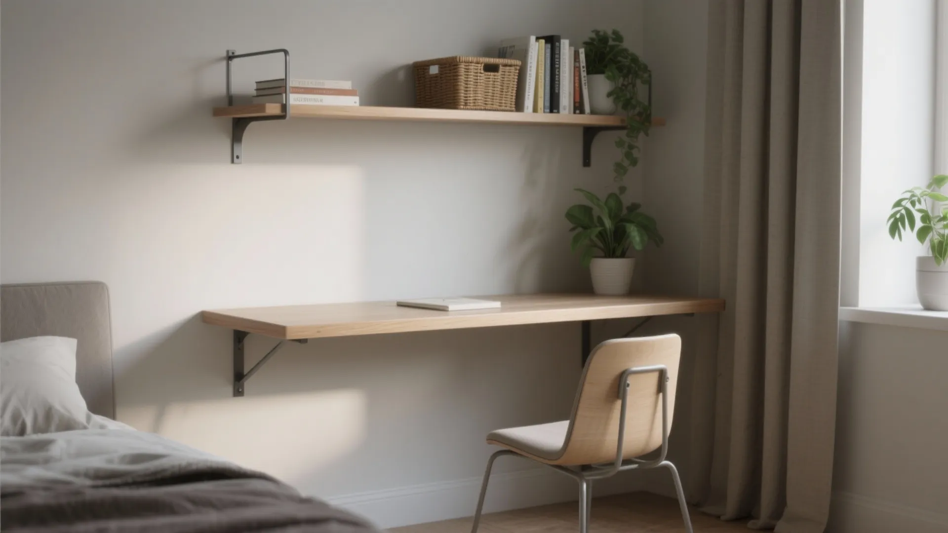 3. Floating shelf desk with layered storage