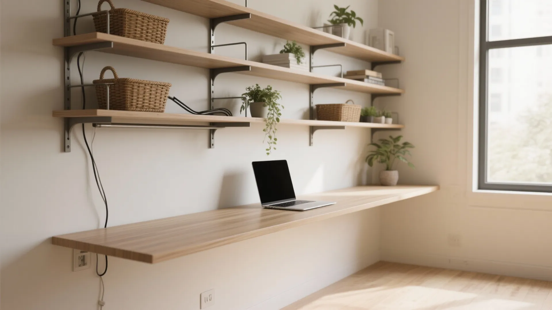 Narrow floating desktop with shelf stack