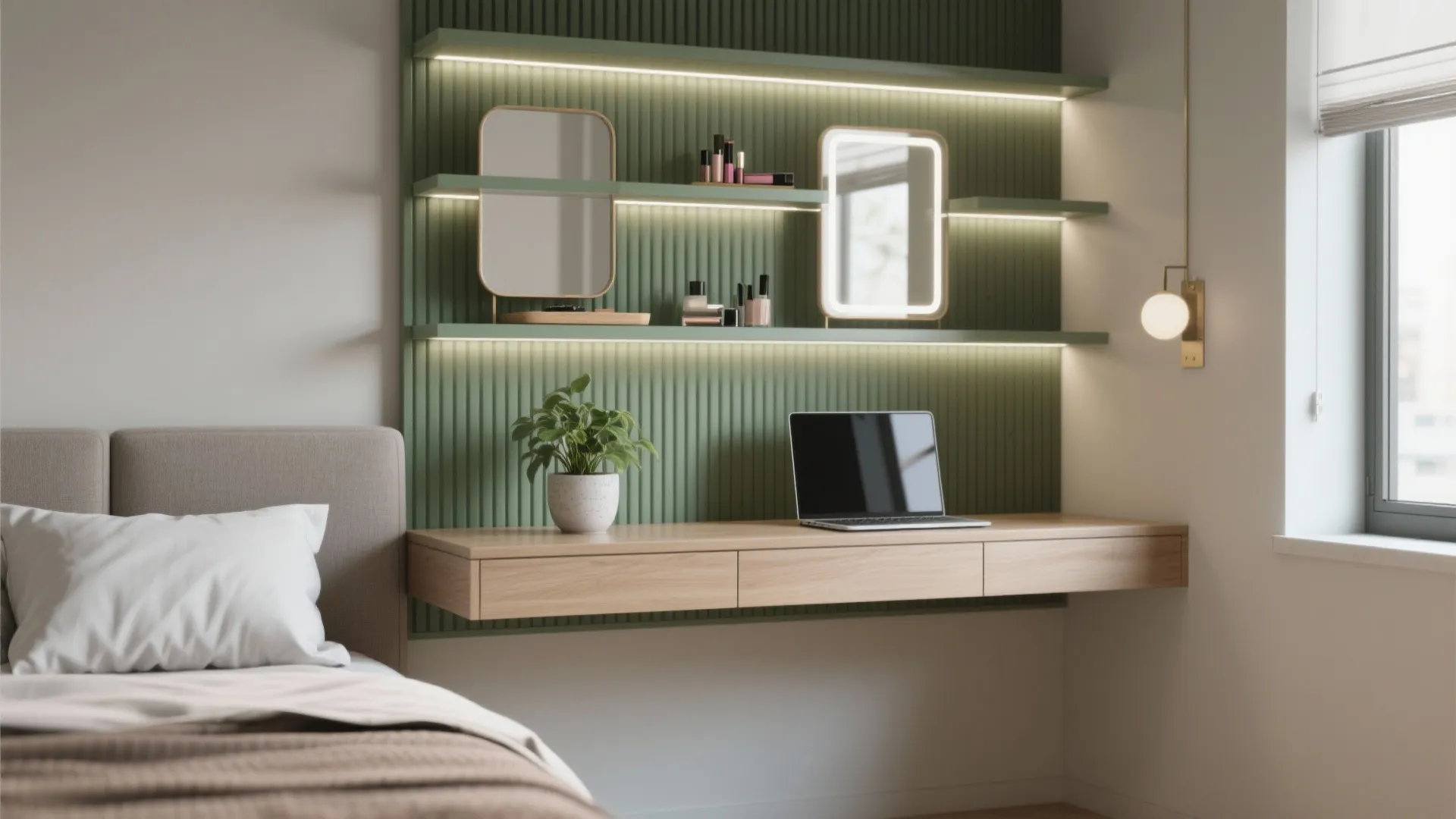 2. Slim floating desk with vertical storage