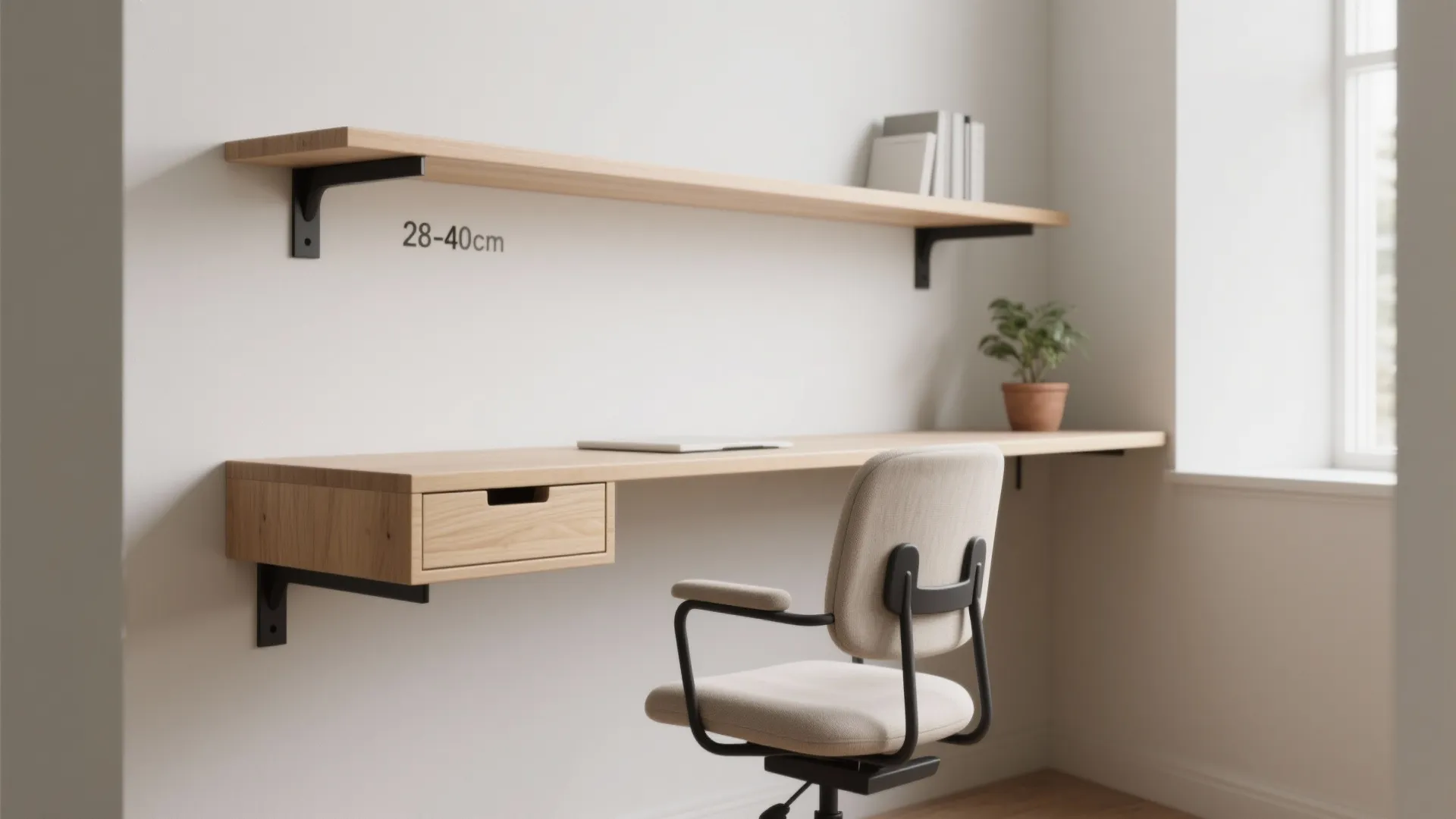 Minimalist floating wood desk with drawer, matching shelf, office chair, and plant near a window