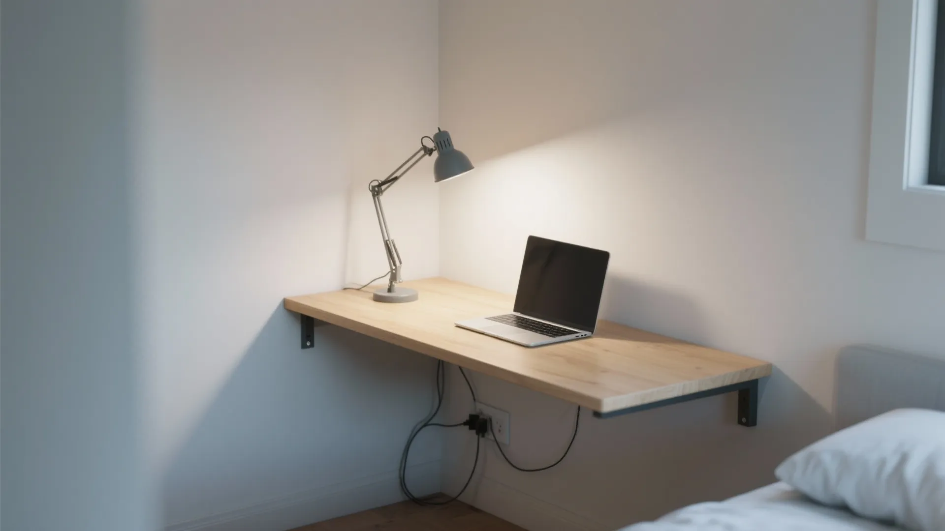 Floating wooden desk in a white corner with a laptop and a gray desk lamp