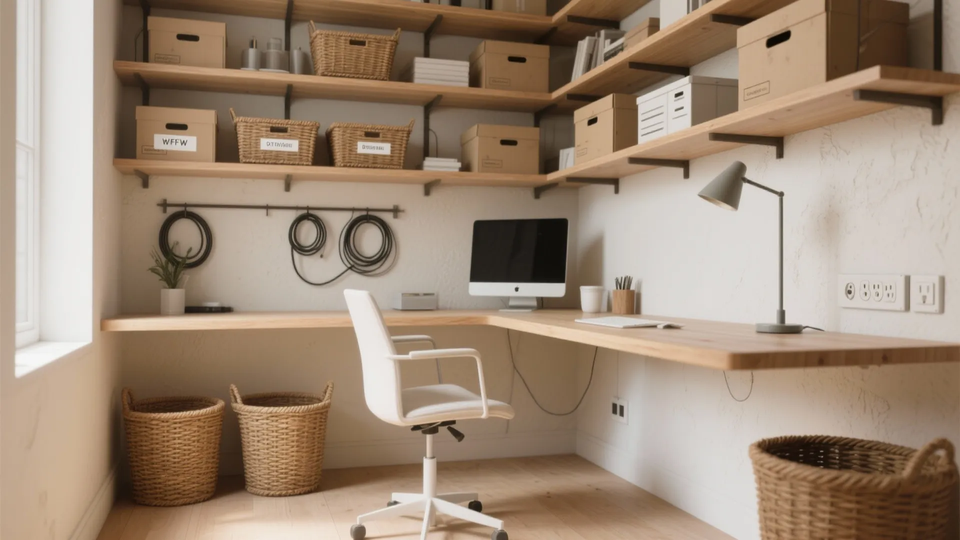 2. Floating Desk + Vertical Storage Wall