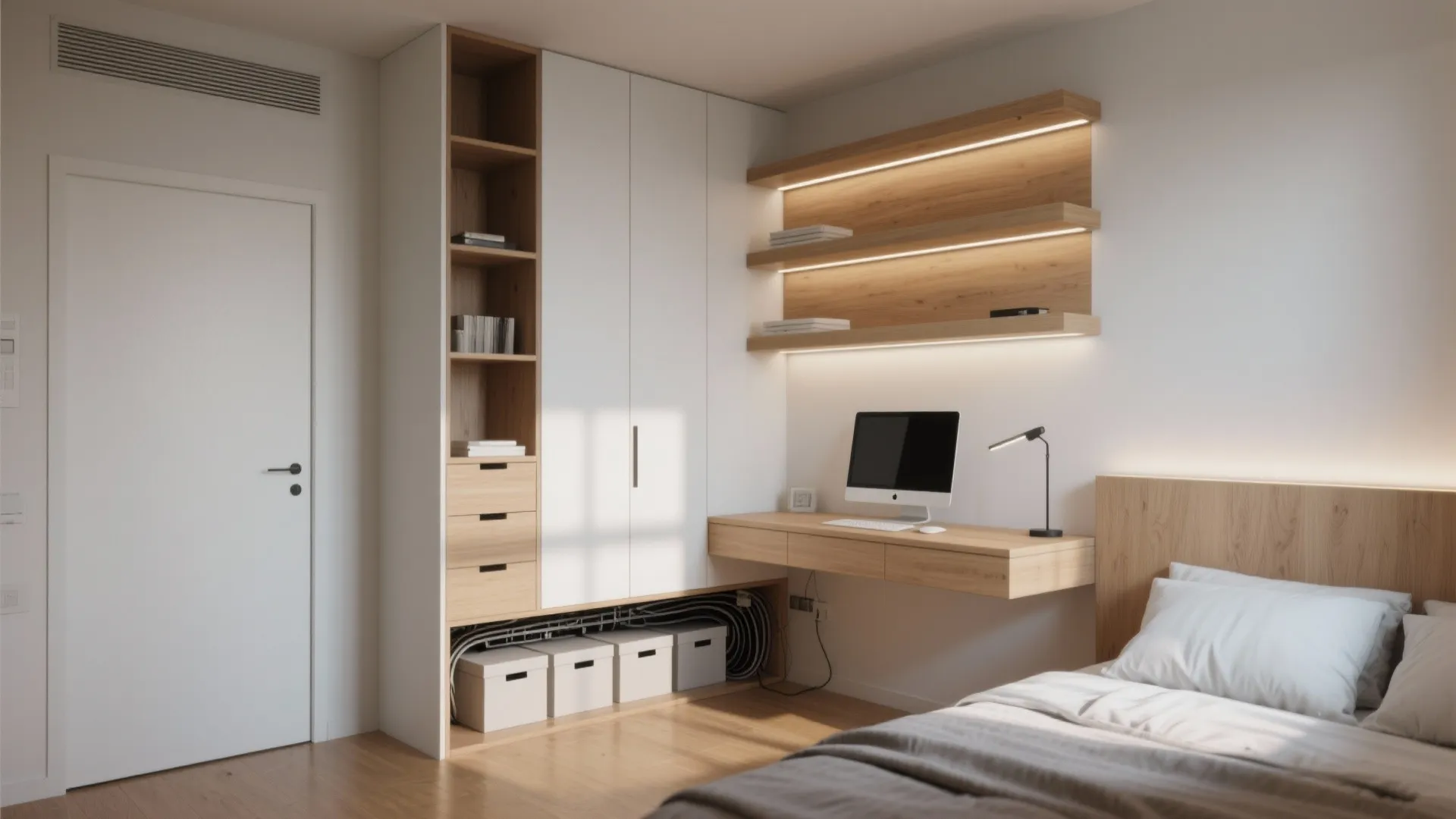 White cabinet with wooden floating desk and light fixture shelves in a small modern room