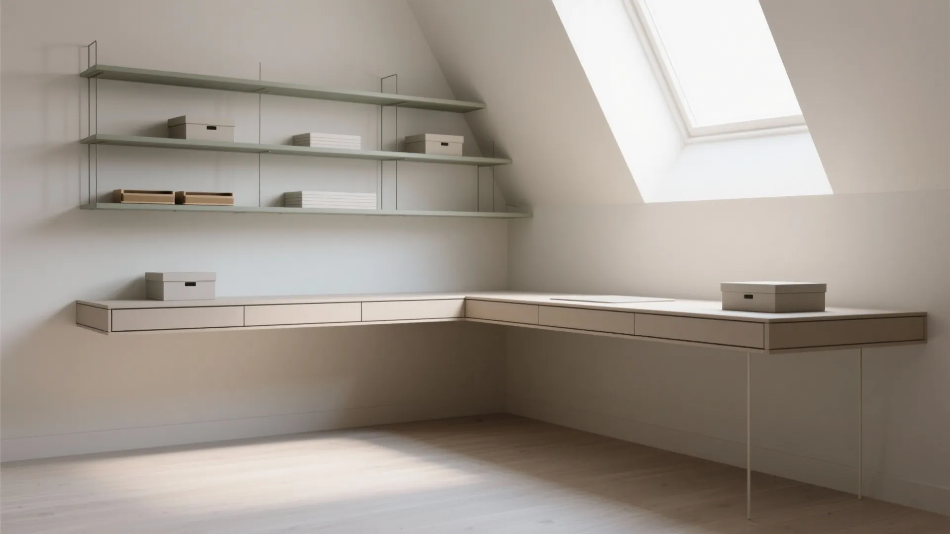 3. Slim Floating Desk + Open Shelves