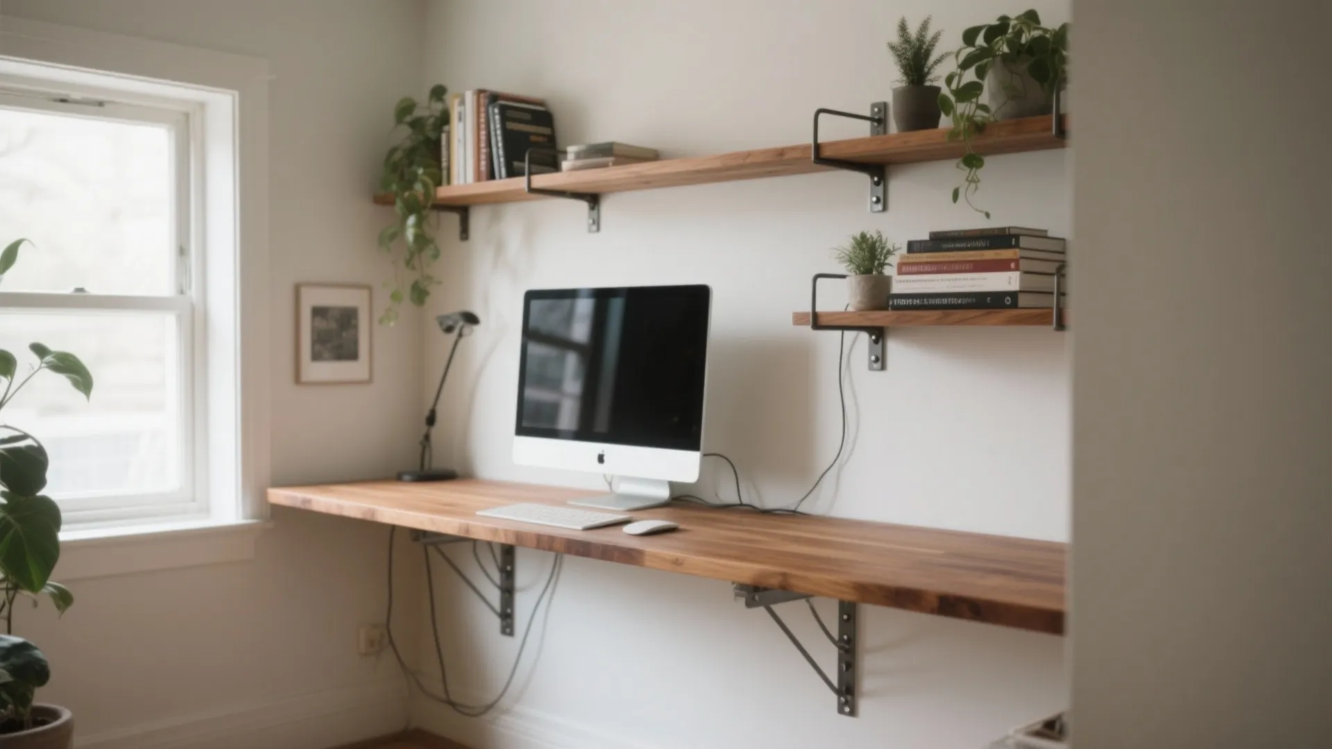 Floating Wall Desk with Open Shelves