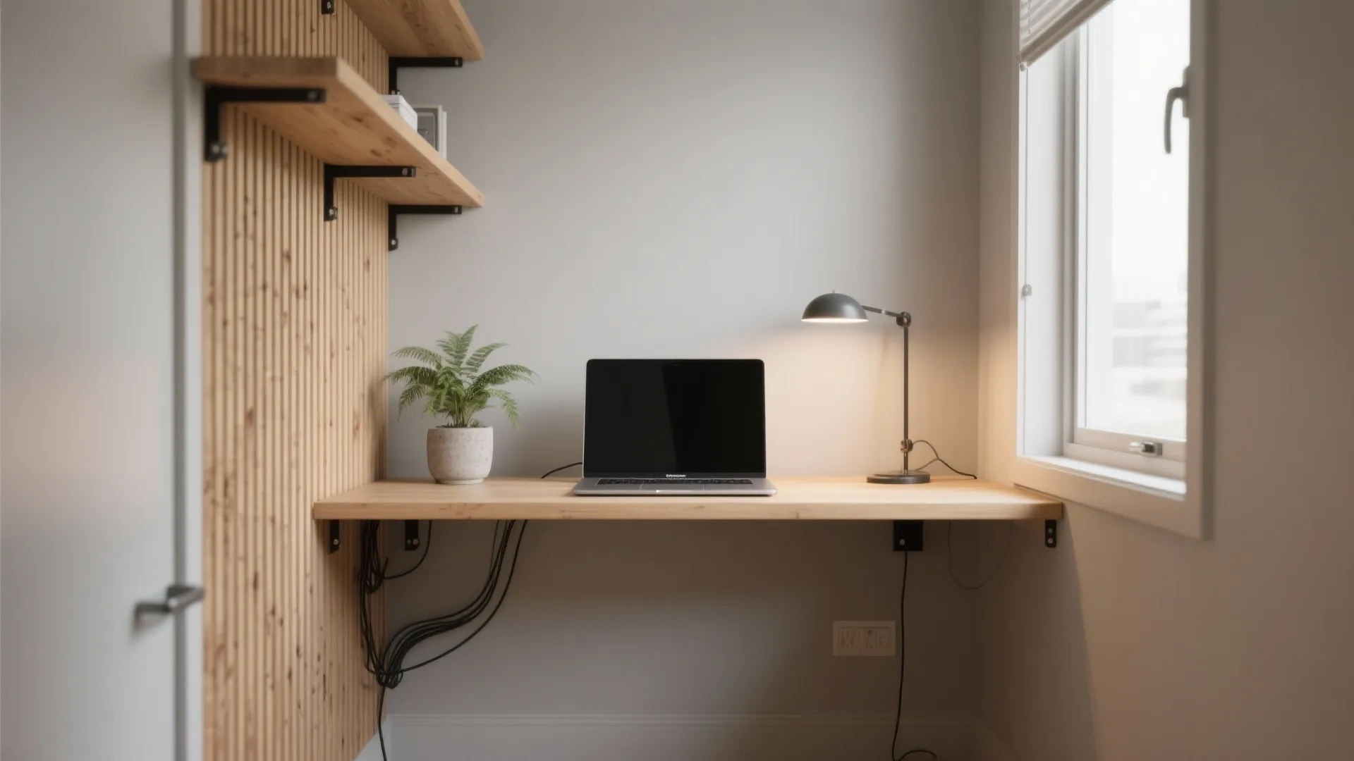 Minimalist home office with wooden floating desk, laptop, small lamp, plant, and a bright window