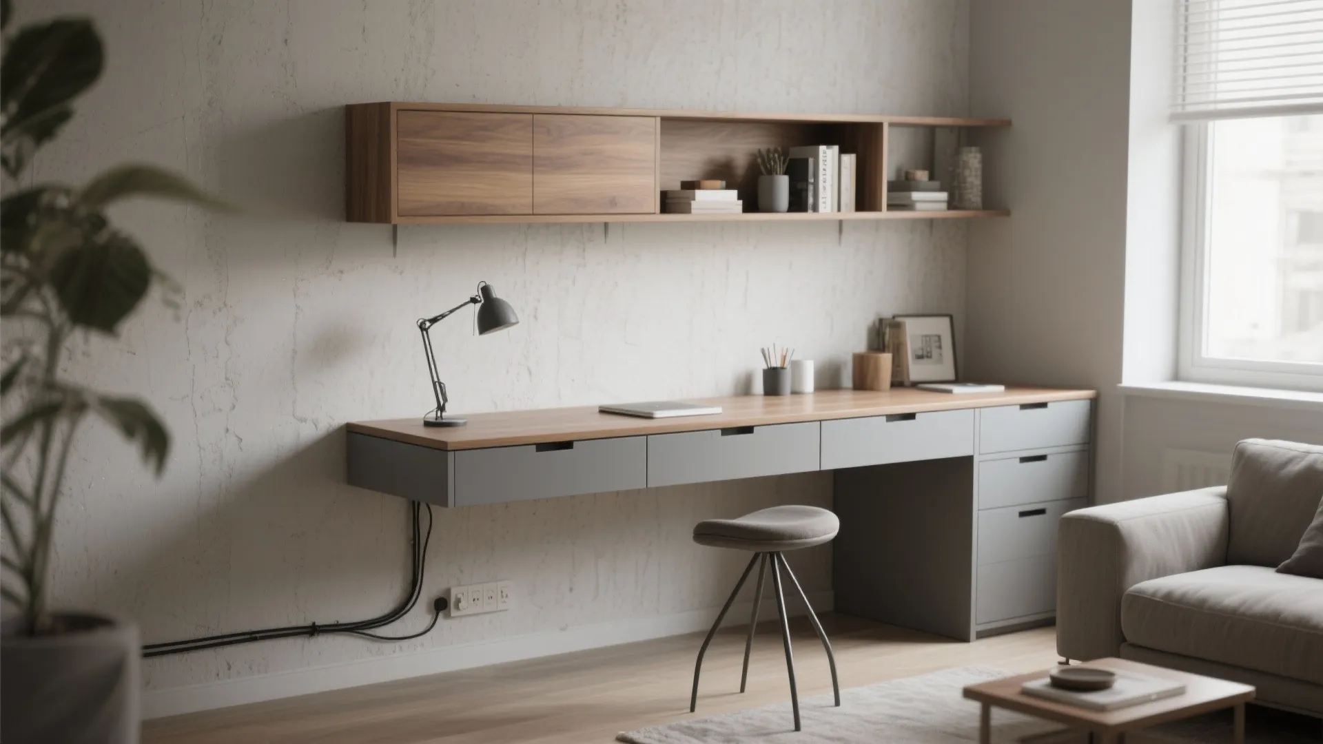 Minimalist floating wooden desk with grey drawers and wall mounted cabinet in a modern home