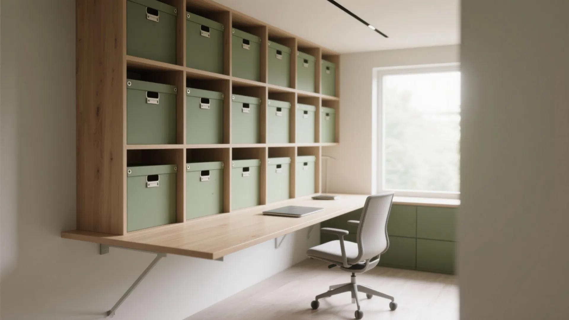 3. Floating Desk + Vertical Storage