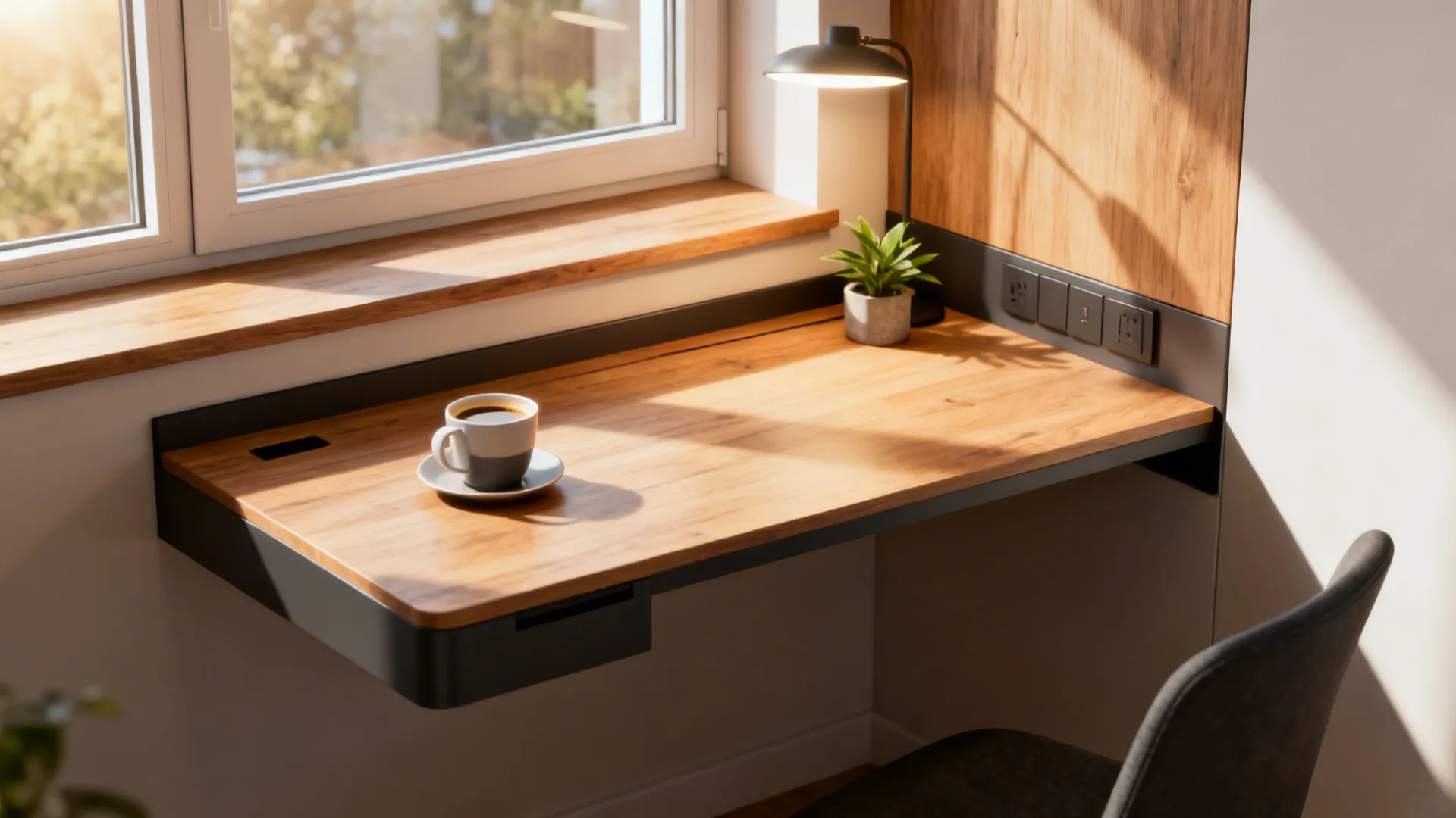 Narrow floating desk in a corner under a window with task lighting and minimal decor.