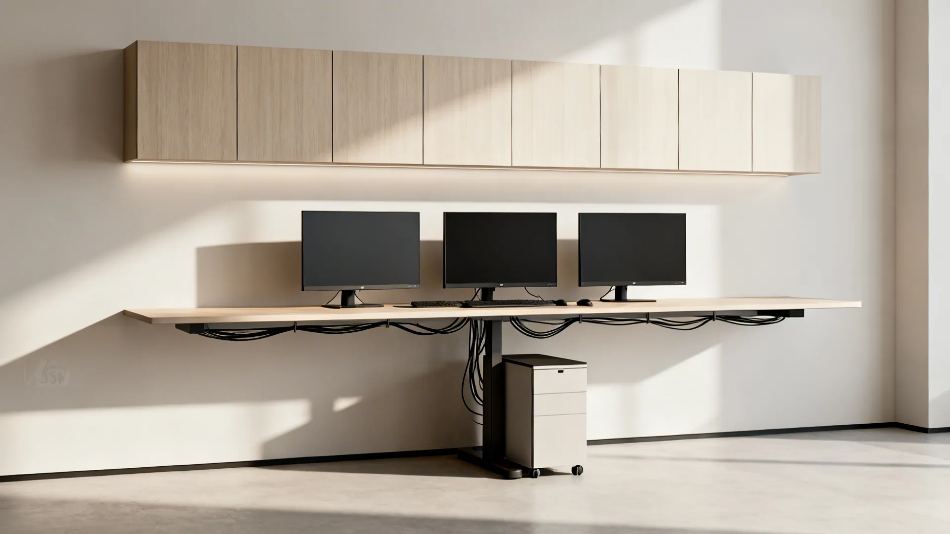 Slim floating desk with wall cabinets and neat cable management in a tiny office