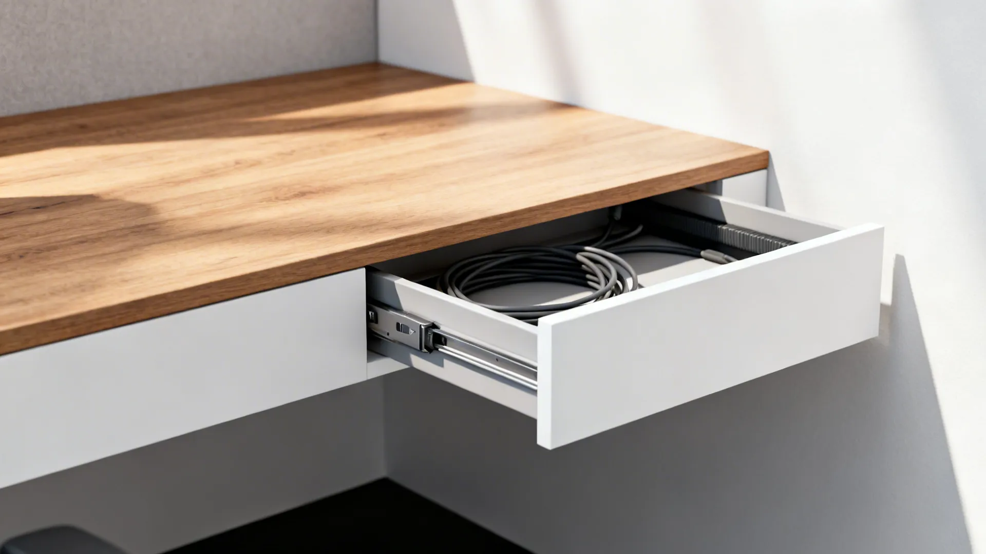Floating desk with slim integrated drawers and cable trough in a small office.