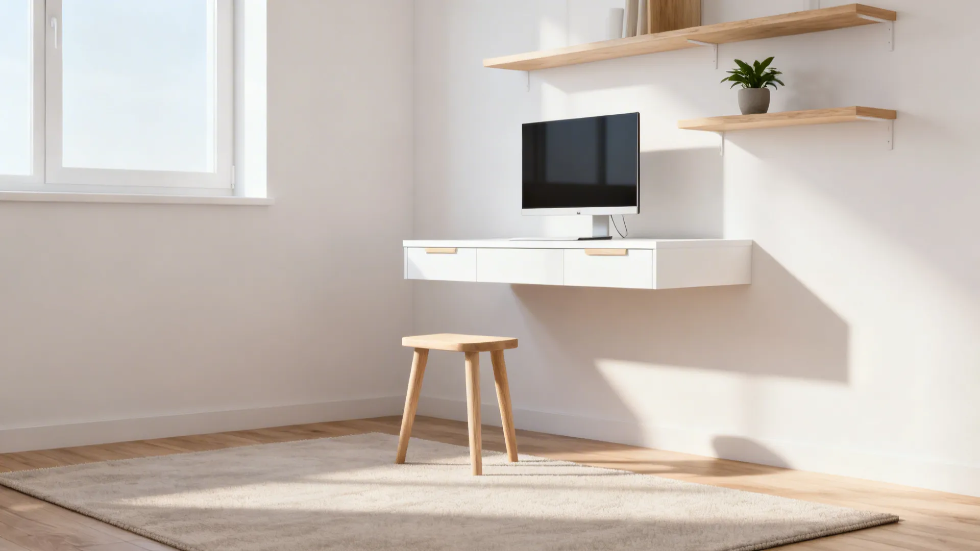 Studio with a floating desk and wall shelves keeping the floor visible for open sightlines