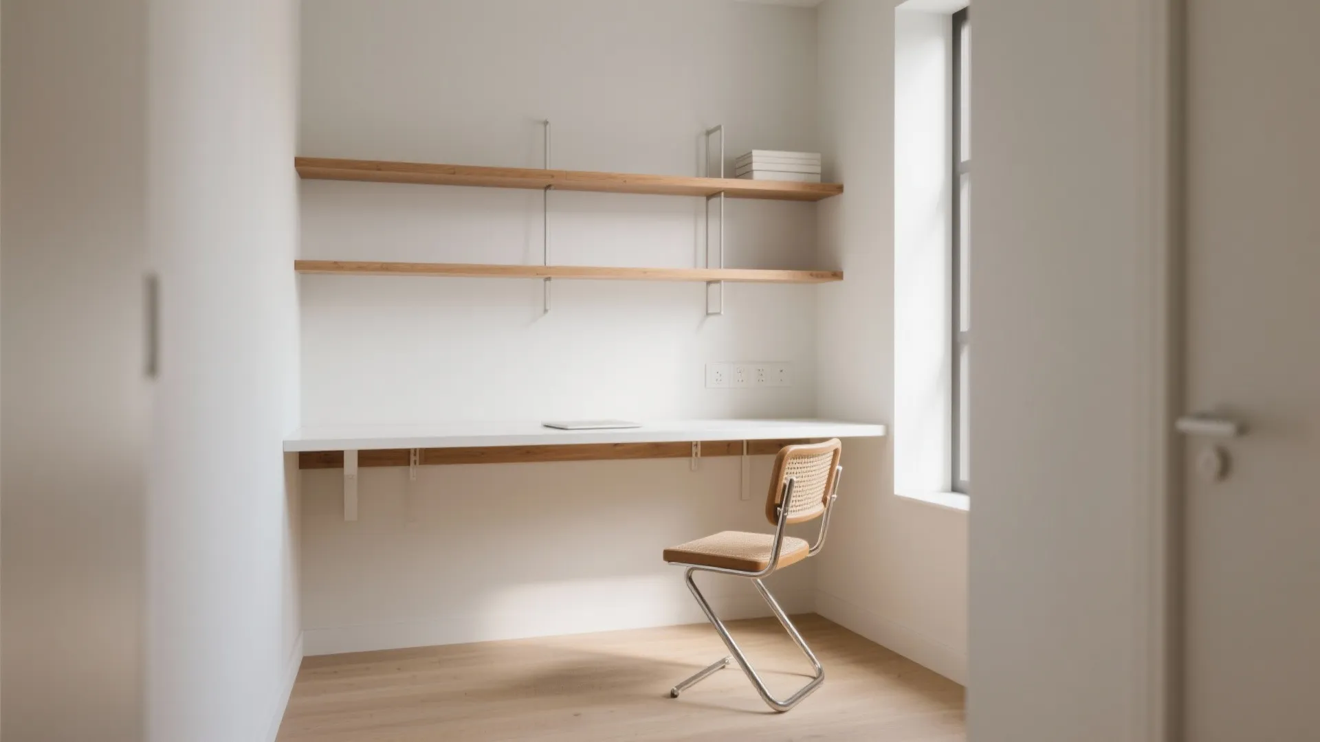 Minimalist white study nook with floating desk wooden chair and two wooden shelves near window