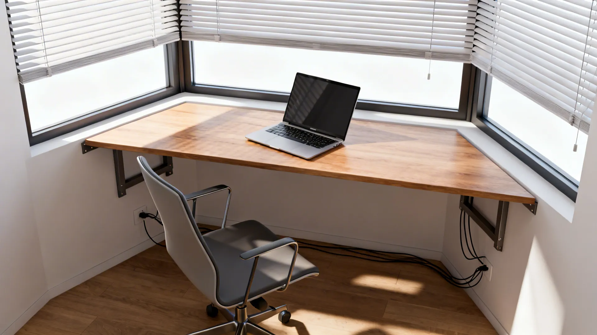 Wooden floating desk with a laptop and office chair placed in a bright bay window