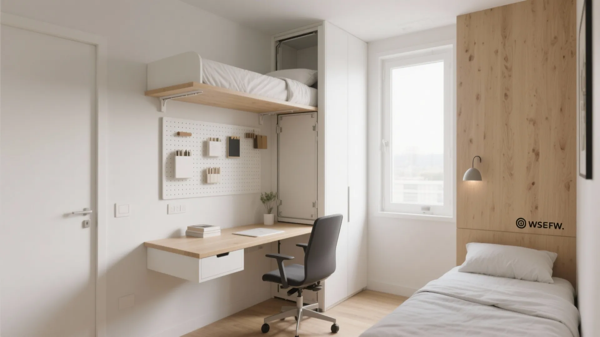 Floating wall desk next to a fold-down Murphy bed in a modern small office