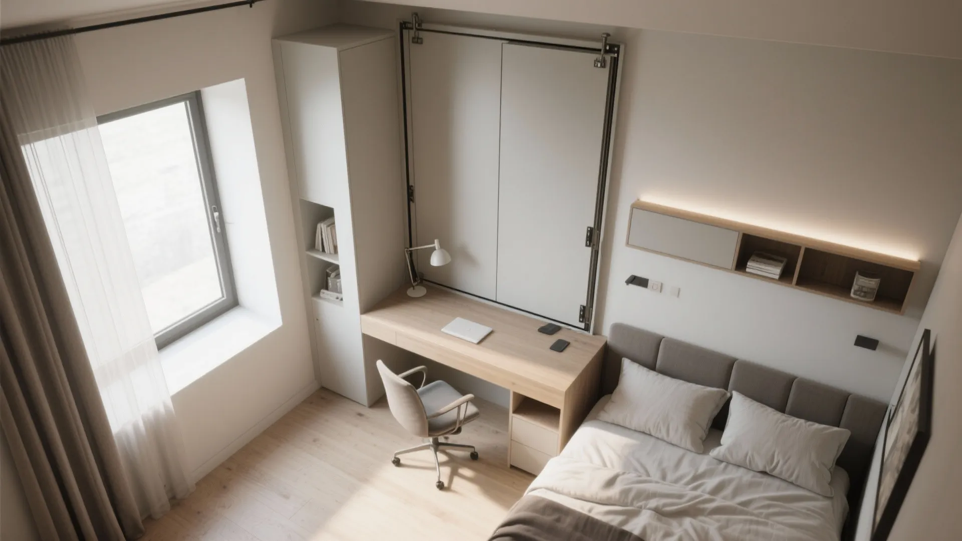 A small bedroom interior design with a wooden desk a comfortable bed and natural light