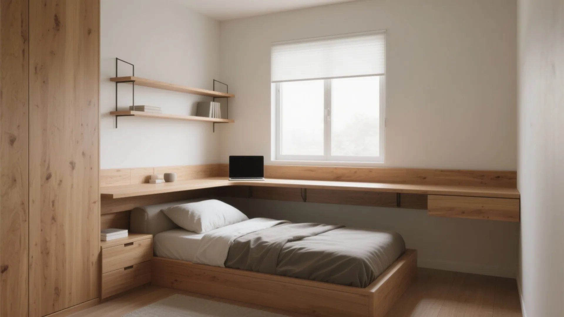 Slim wood desk mounted on a bed footboard in a minimalist bedroom