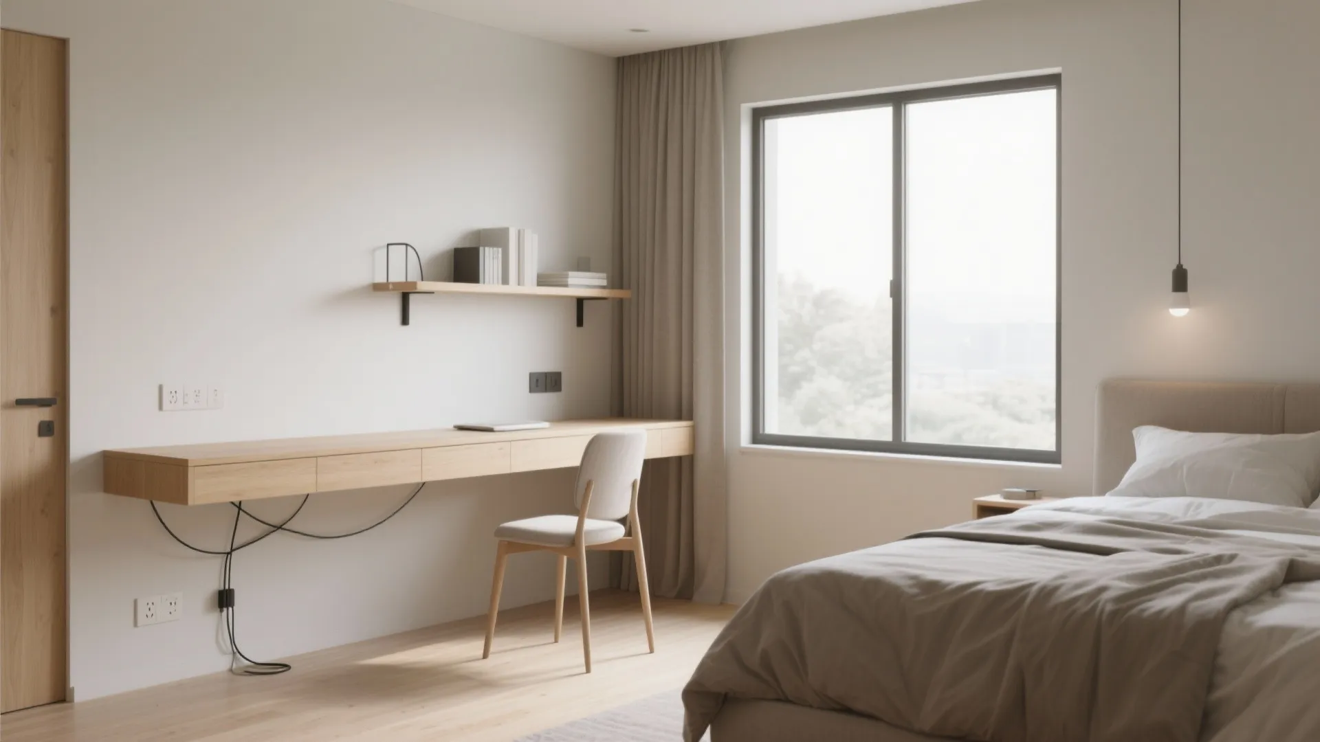Modern bedroom featuring a floating wooden desk with chair white walls curtains and natural light