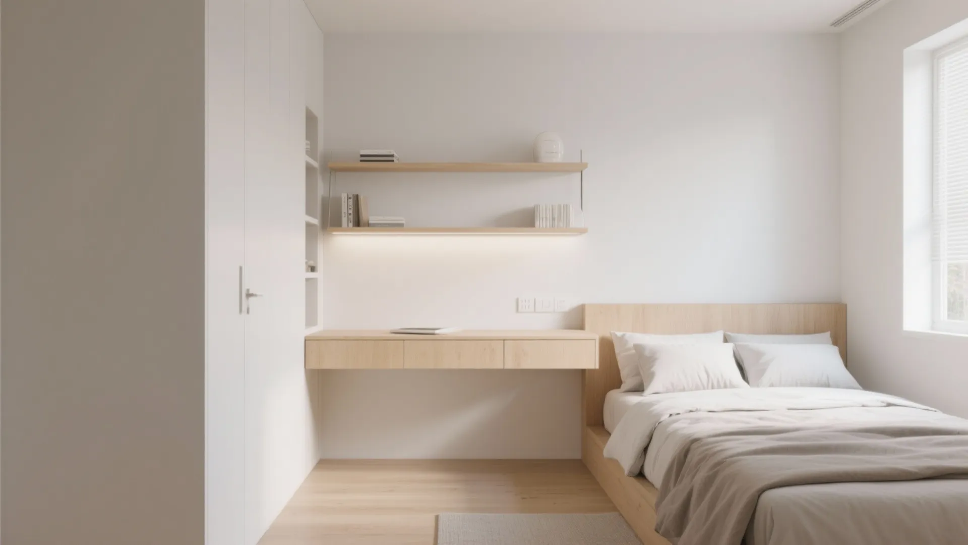 Minimalist white bedroom with floating wood desk wall shelves bed bedhead window and light wood floor