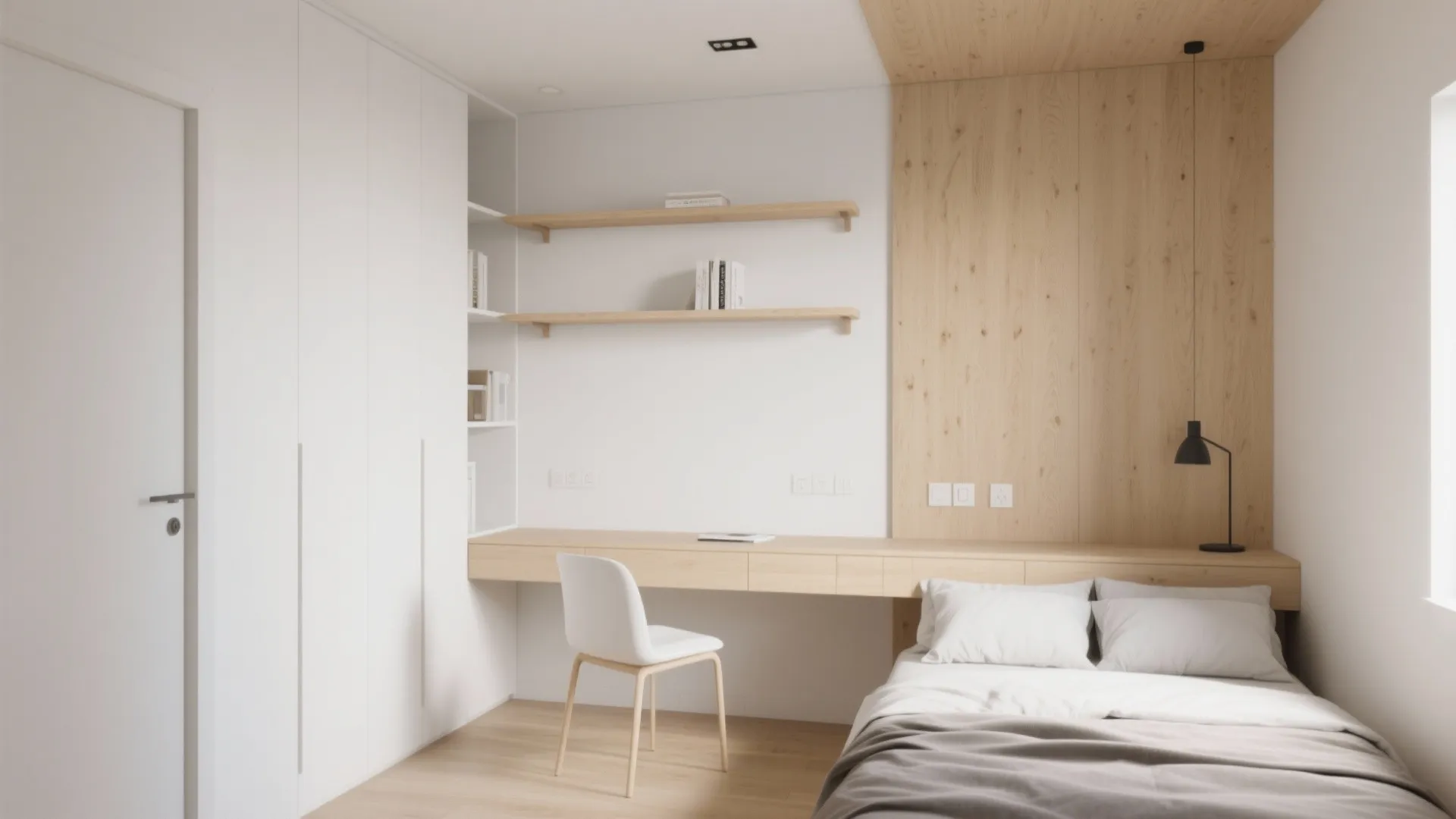 Small bedroom with floating desk and shelves