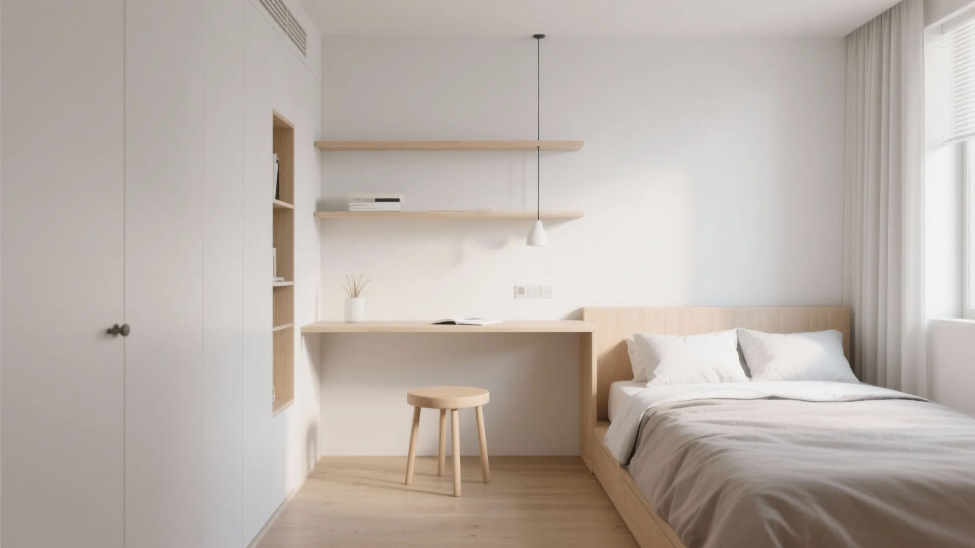 Small bedroom with wall-mounted desk and tucked stool