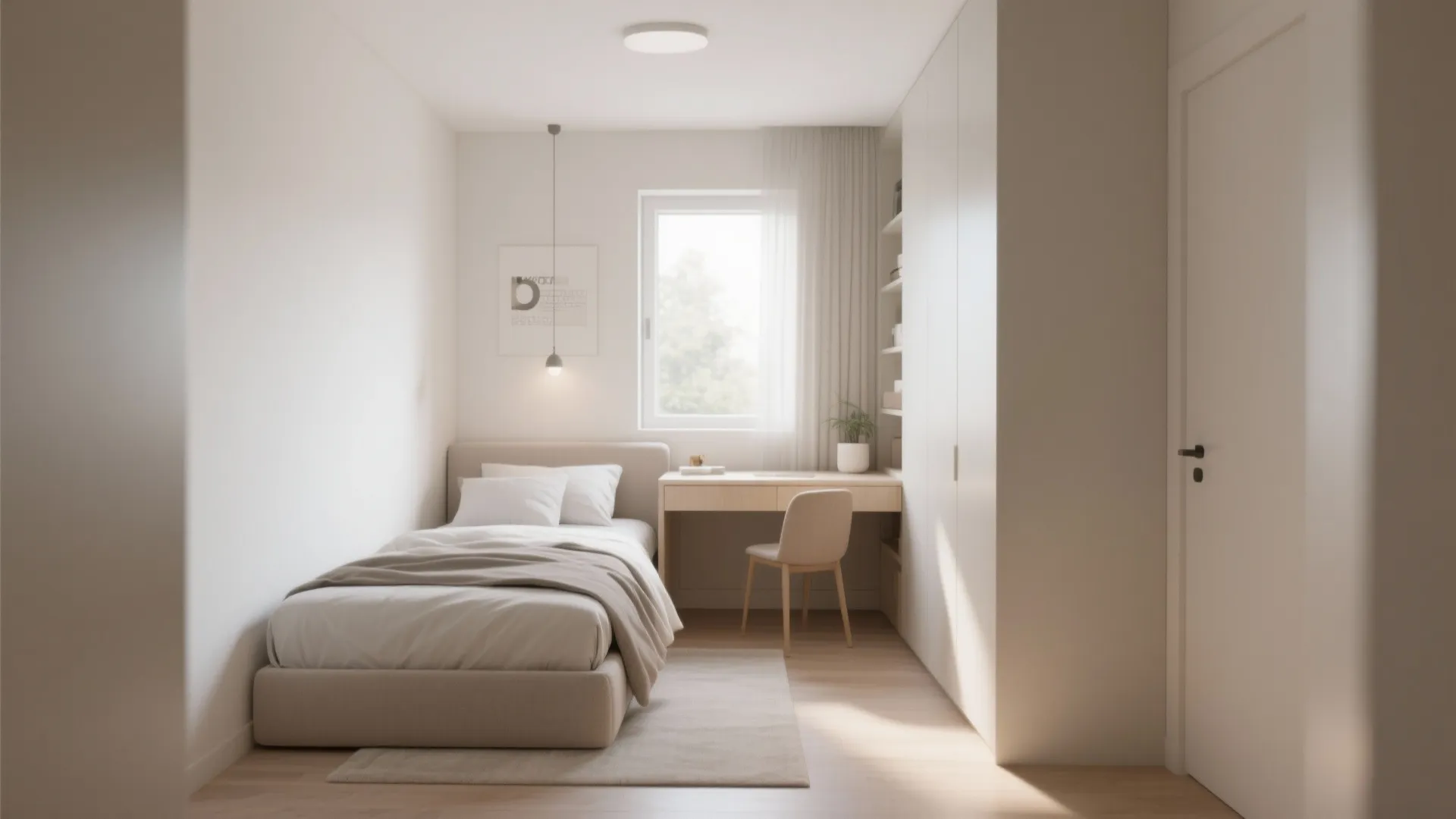 Modern minimalist small bedroom with single bed wooden desk white wardrobe and soft natural sunlight