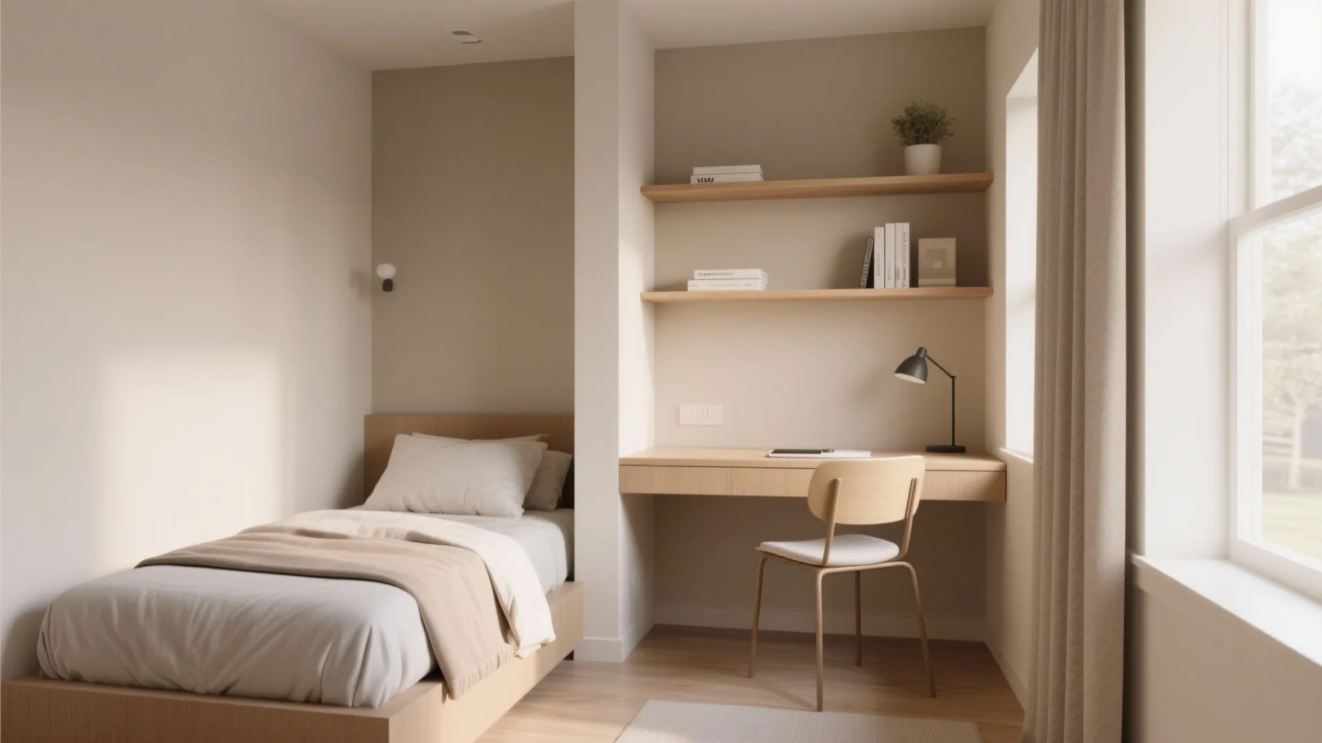 Small bedroom with floating desk and overhead shelves