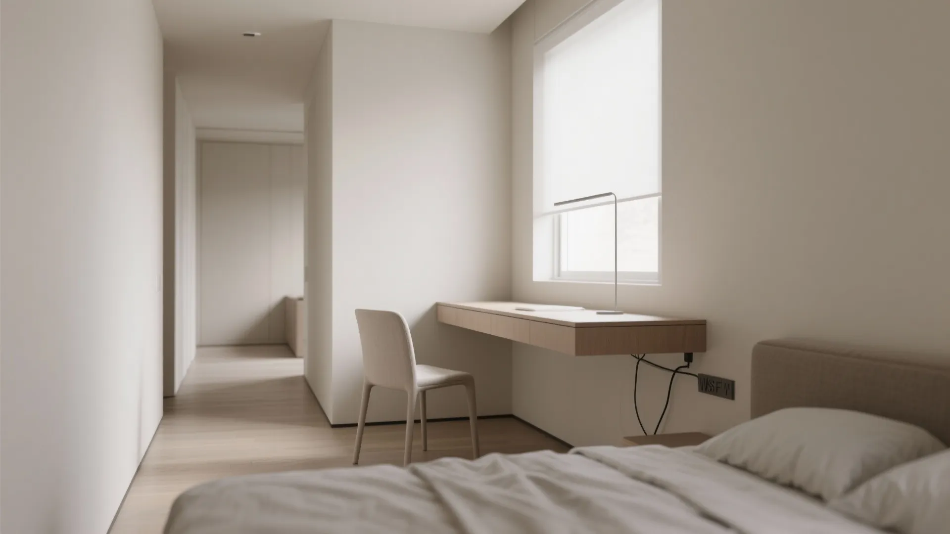 Modern minimalist bedroom featuring a floating wooden wall desk with a white chair and neutral walls