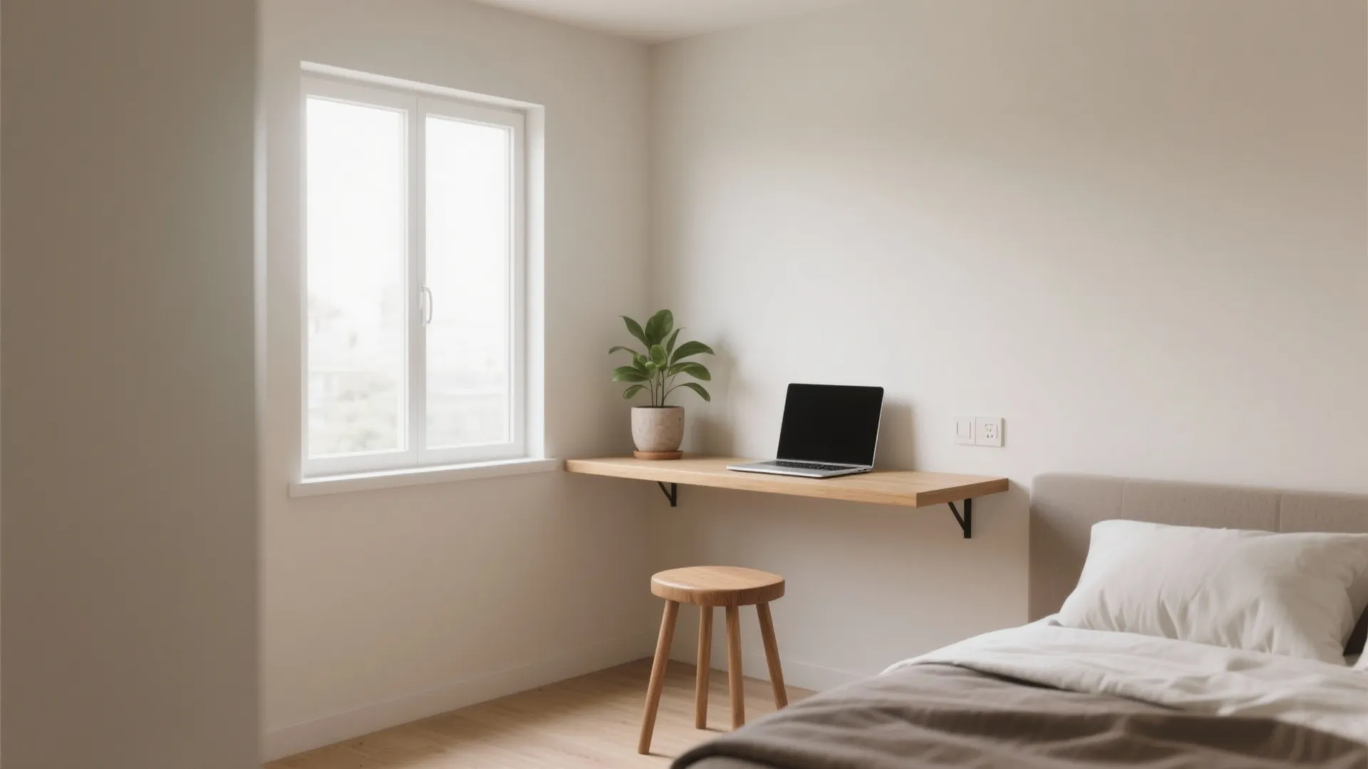 Minimalist floating wooden desk with laptop and plant near window and small stool in room