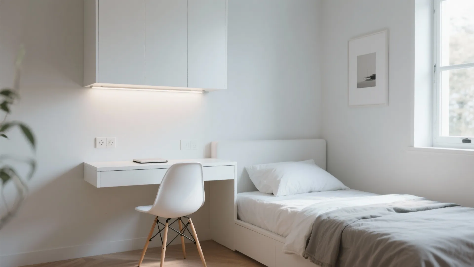 Floating desk mounted on wall in small bright bedroom