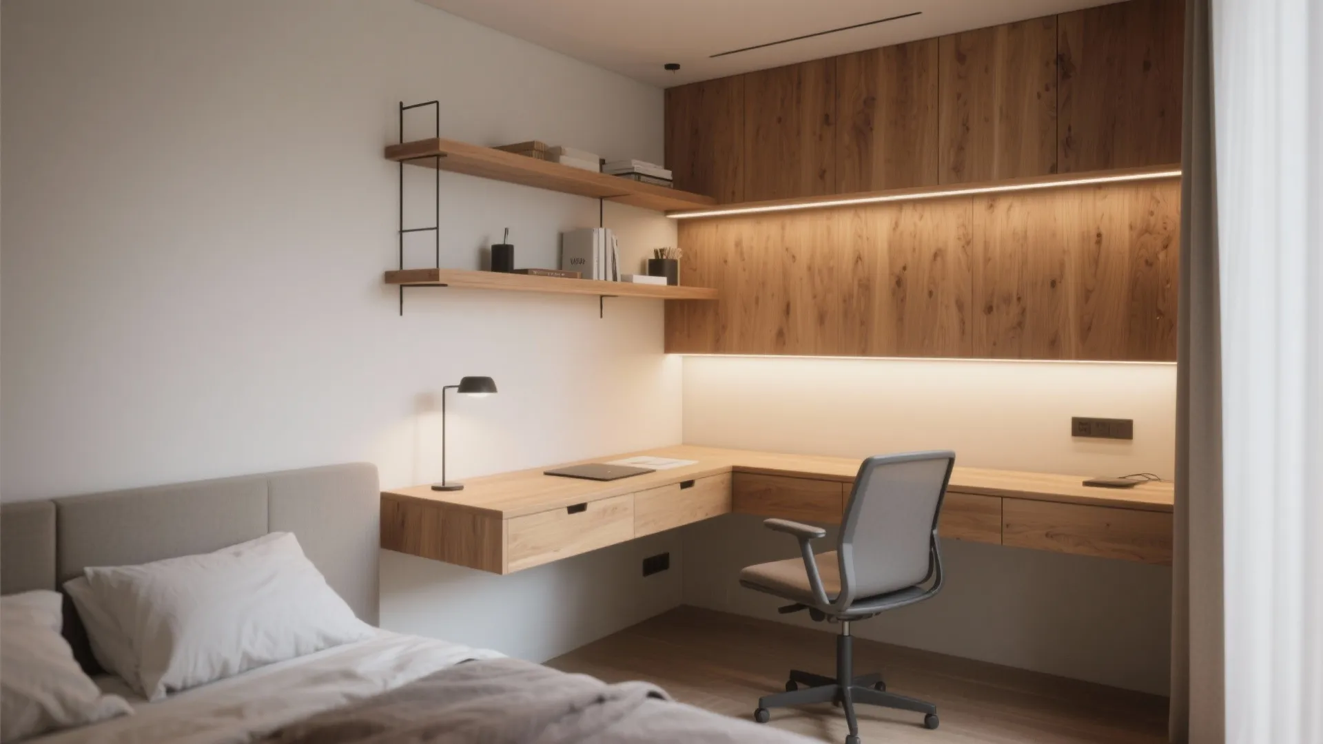 Modern bedroom with corner wooden floating desk, grey chair, and lights on the wall panel.