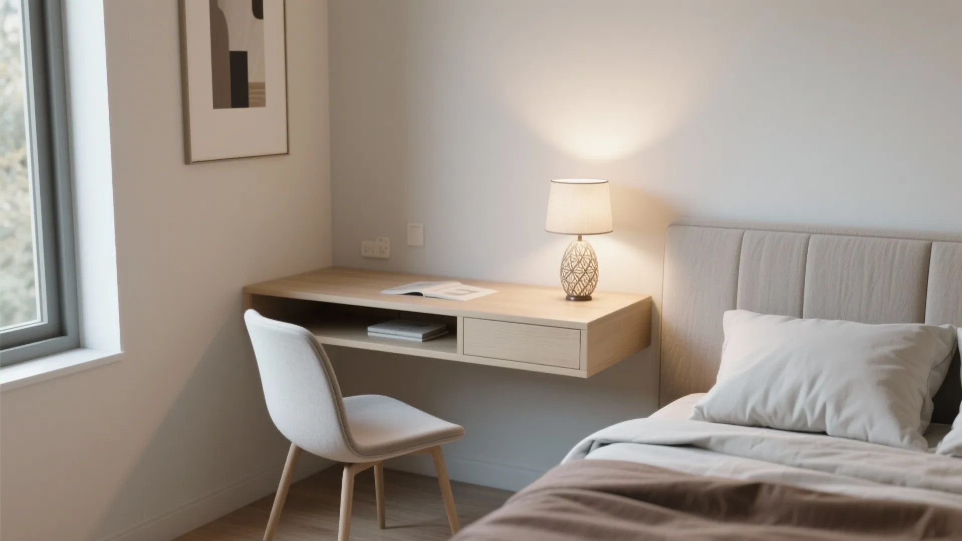 Wooden floating desk with chair small table lamp and bed in a bright modern bedroom