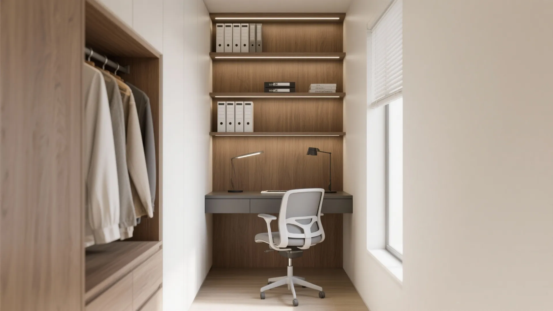 Small closet office with floating desk and built-in shelves
