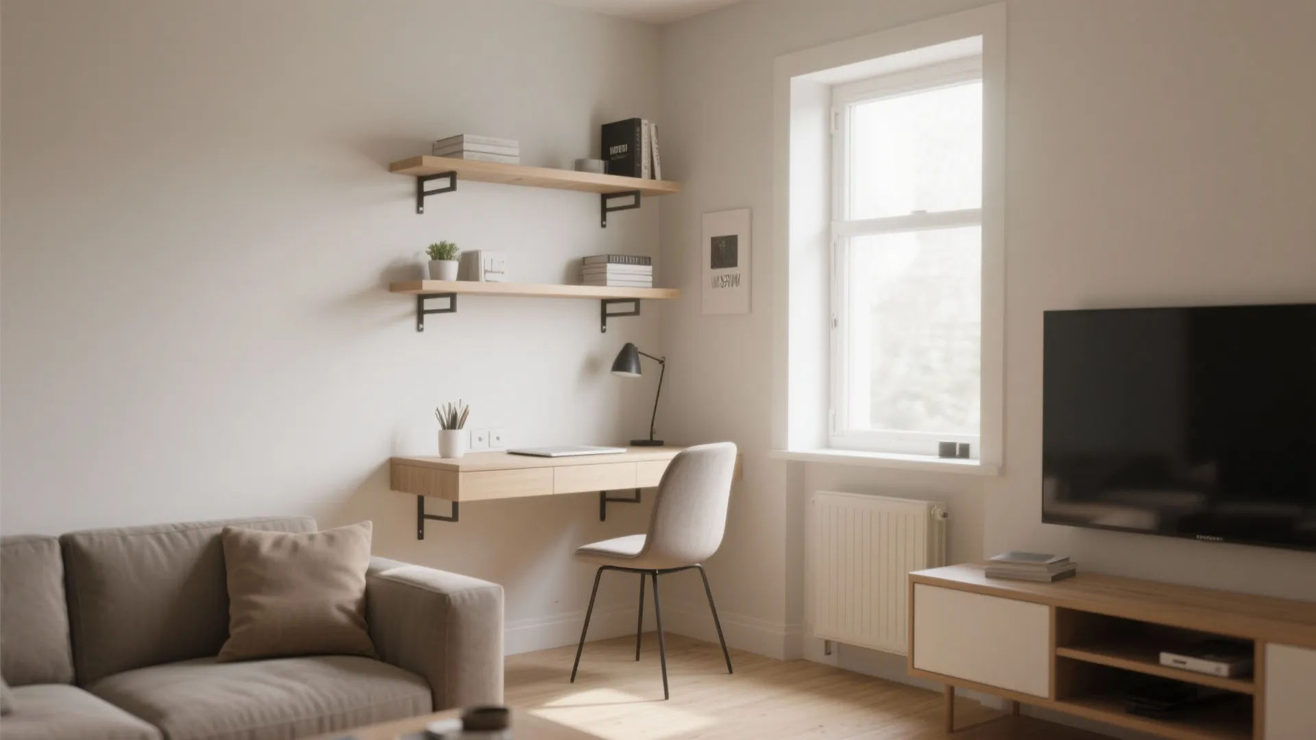Minimalist living room corner with small floating wooden desk wall shelves and a grey sofa
