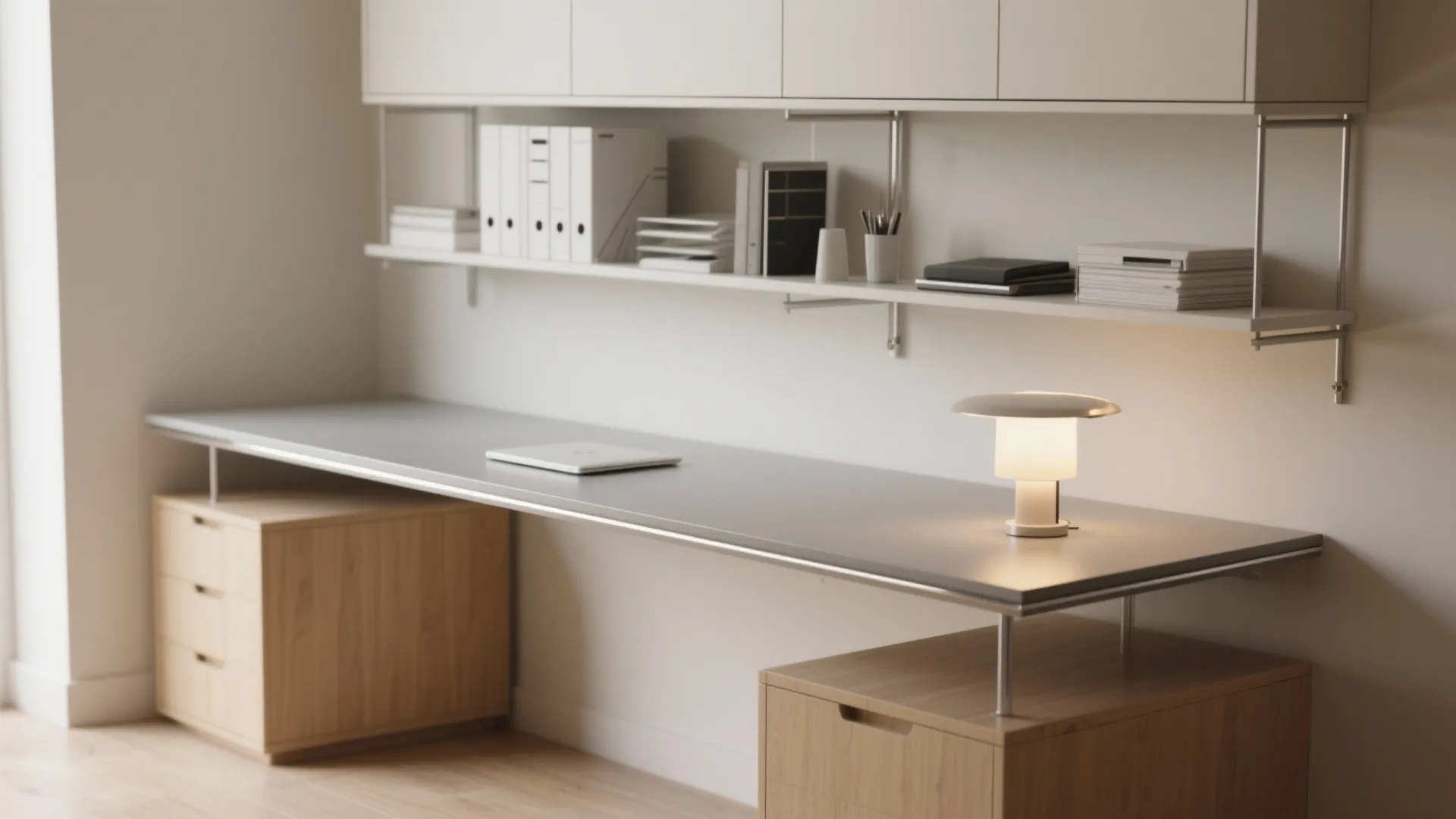 1. Floating desks and wall-mounted storage