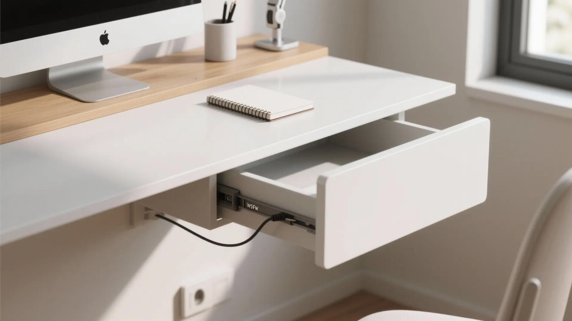 Close-up of a floating desk with slim drawer and monitor arm showing cable management