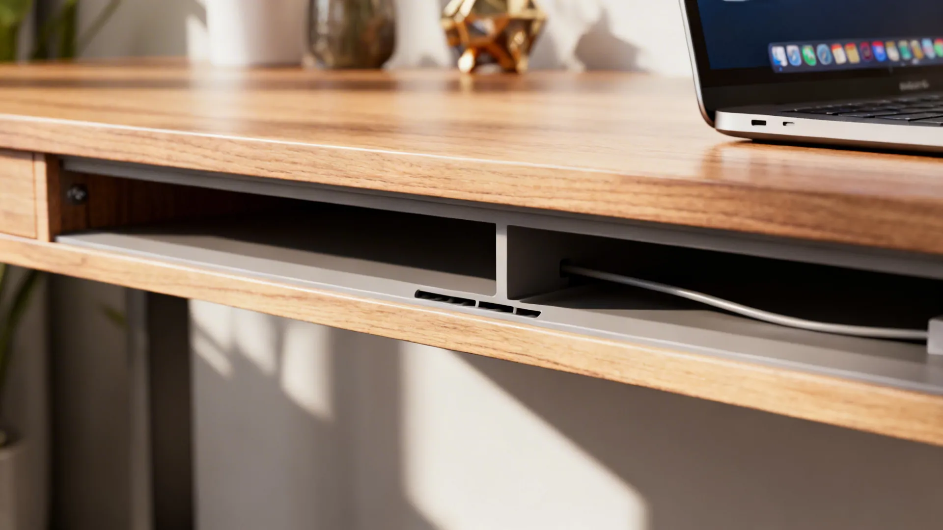 Close-up of a floating desk with recessed cable channel and wood grain finish.