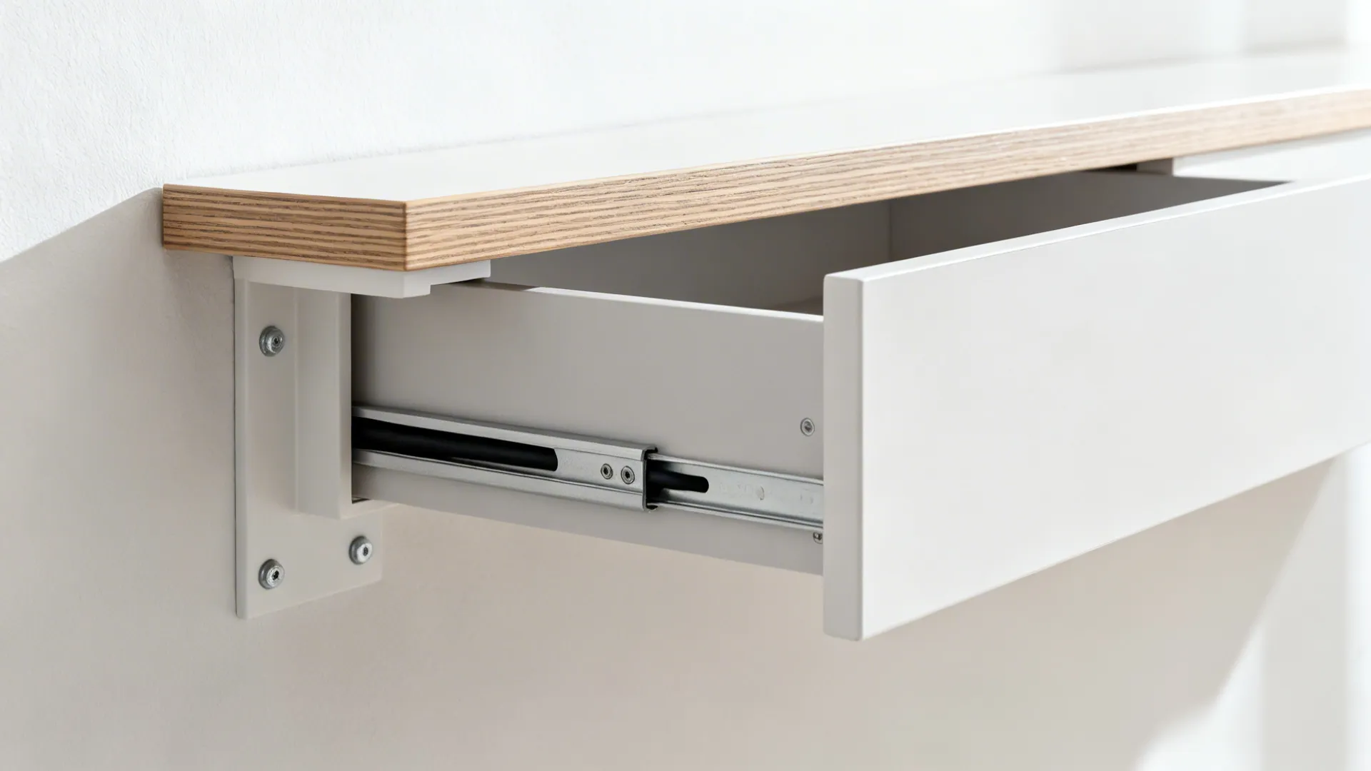 Macro of a floating desk’s concealed cable channel and slim under-mount drawer with clean anchors.
